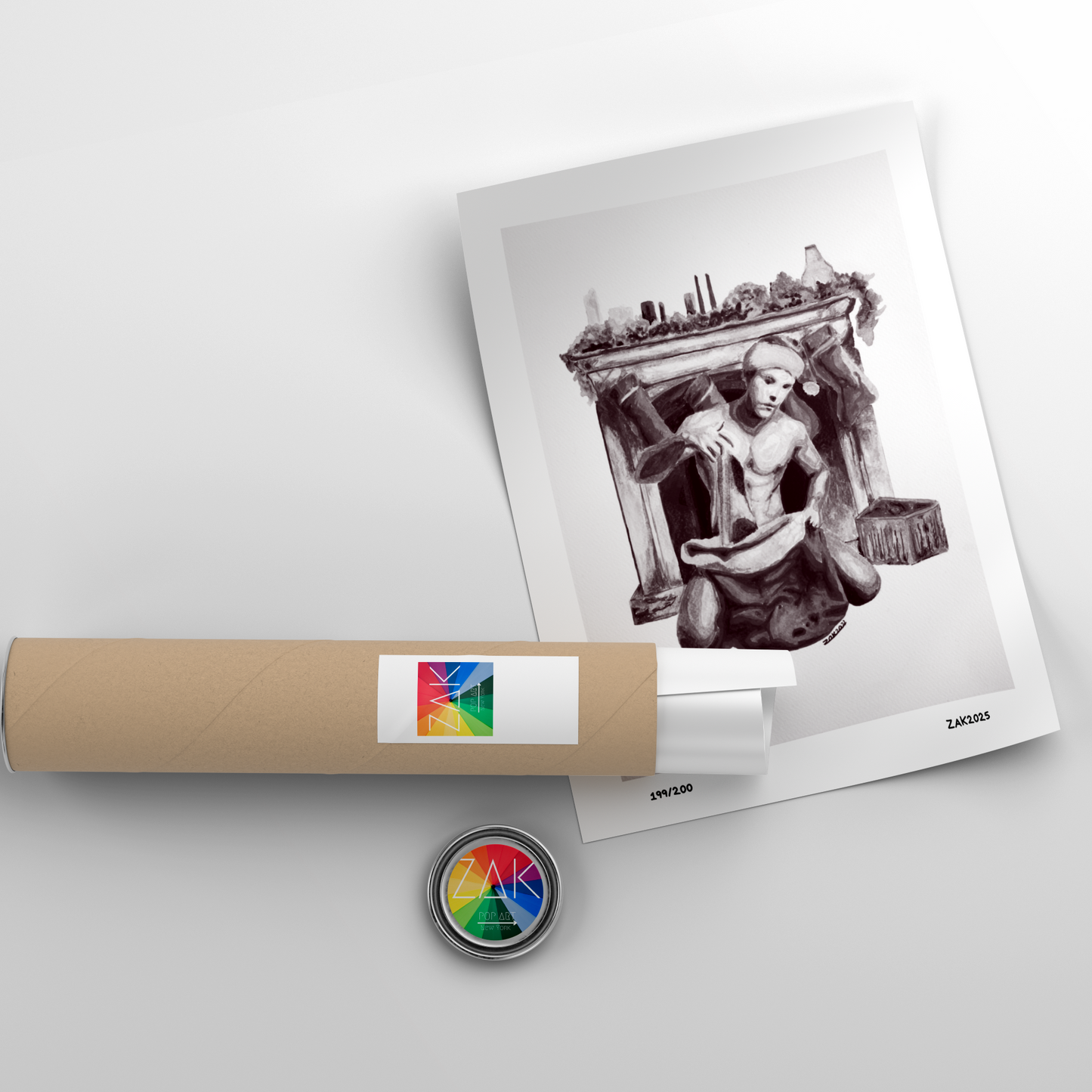 Roll of paper with a printed image of a woman on a chair, placed on a white surface.