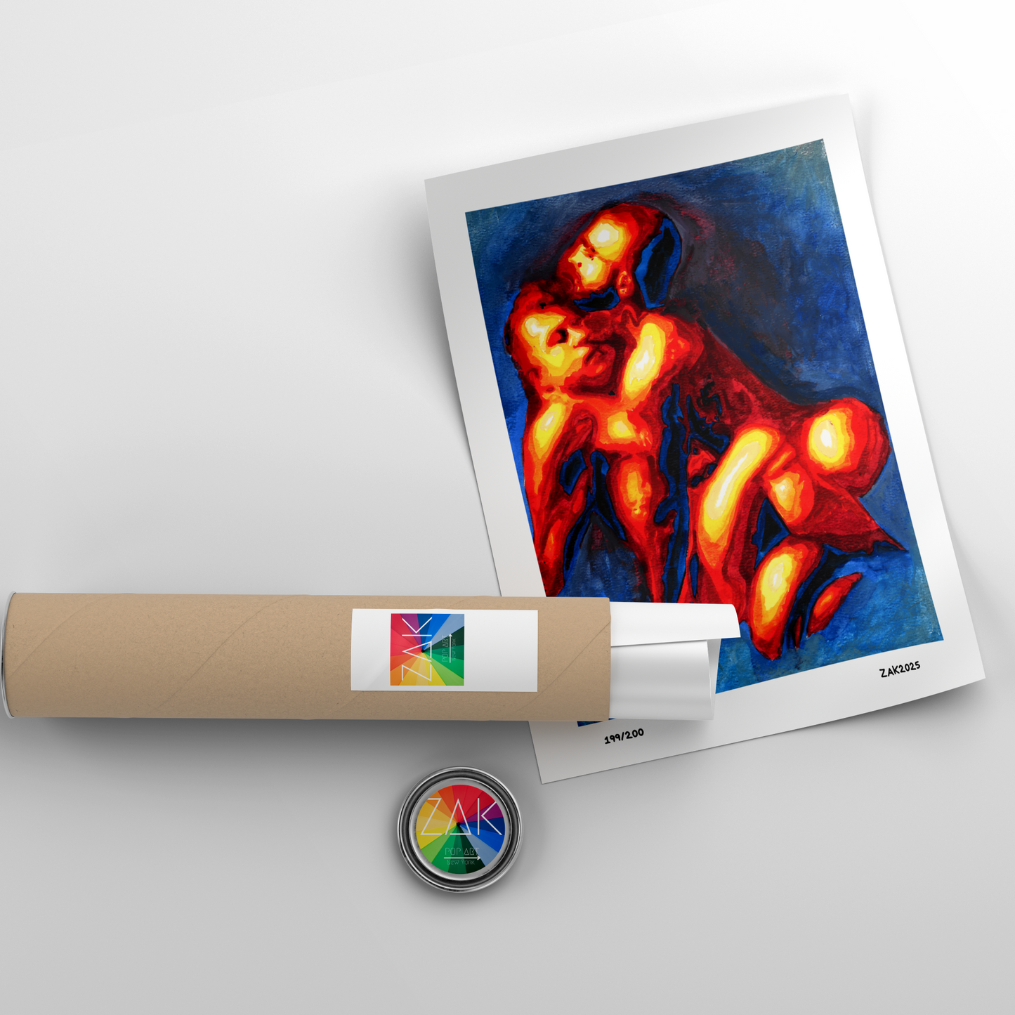 Artistic print of a colorful figure on a white surface with a roll of paper and a small round object.