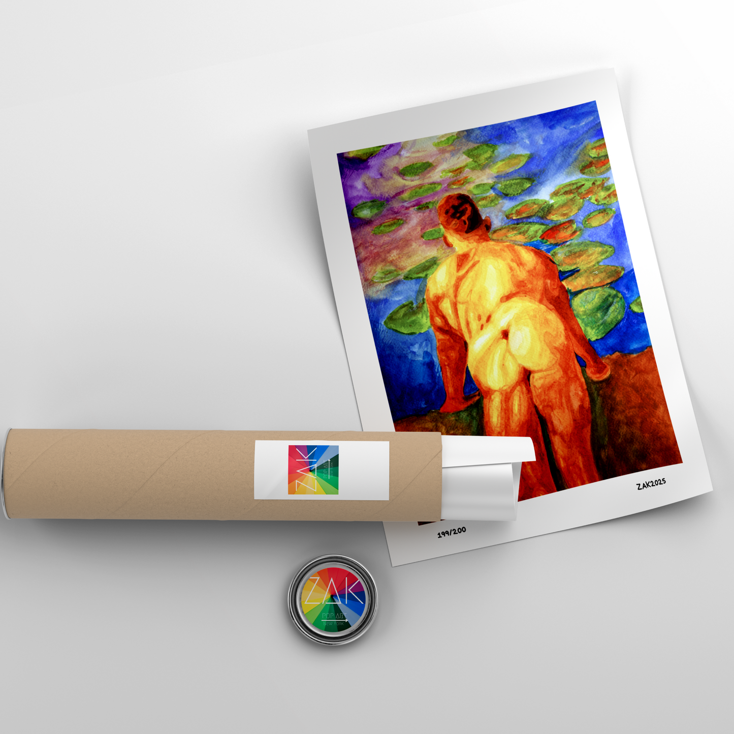 Artistic depiction of a figure with a colorful background, wrapped in paper with a brand label.