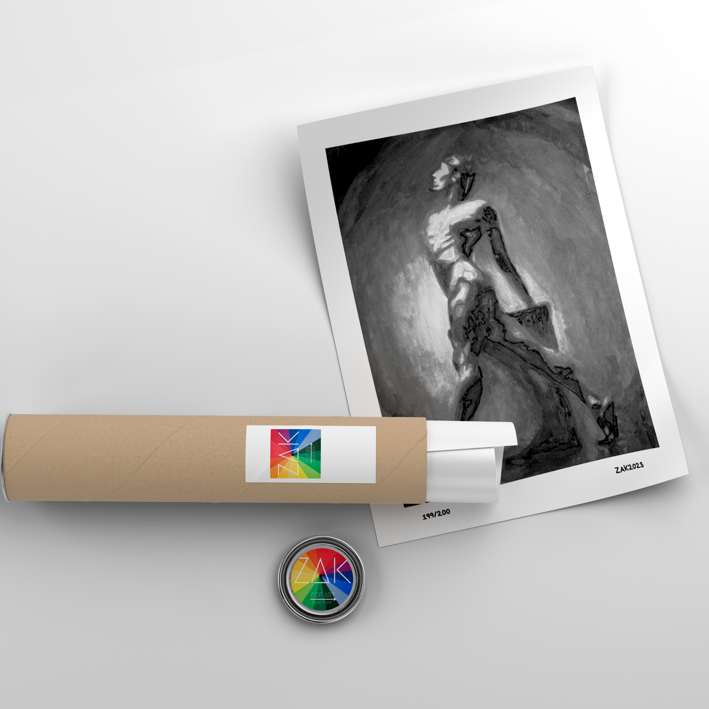 Artistic print of a sculpture on paper with a cylindrical object and circular badge on a light gray background