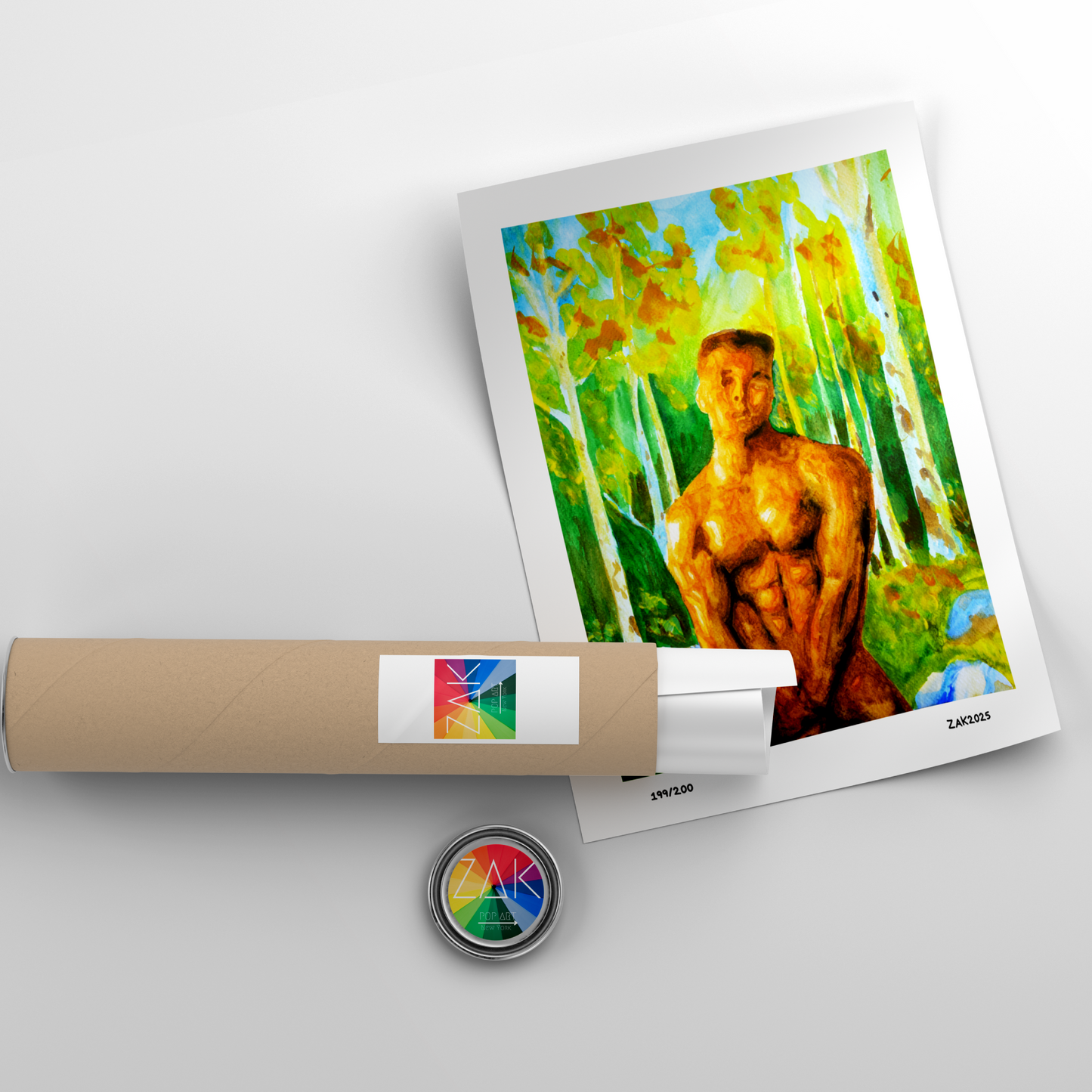 Watercolor painting of a muscular nude male in a misty forest, covering his groin with his hands, looking directly at the viewer. Expressive LGBTQ+ art by Zak Pop Art.