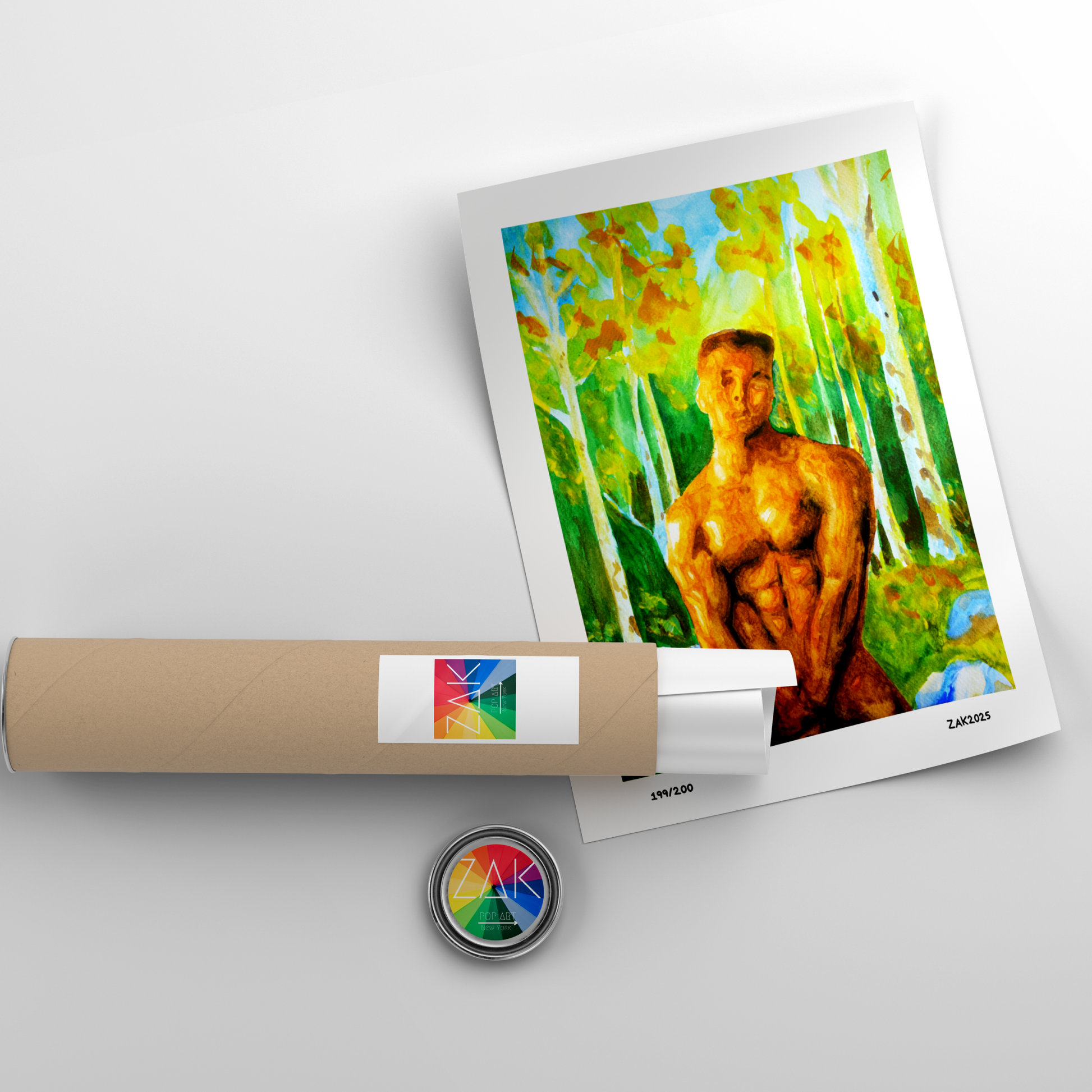 Watercolor painting of a muscular nude male in a misty forest, covering his groin with his hands, looking directly at the viewer. Expressive LGBTQ+ art by Zak Pop Art.