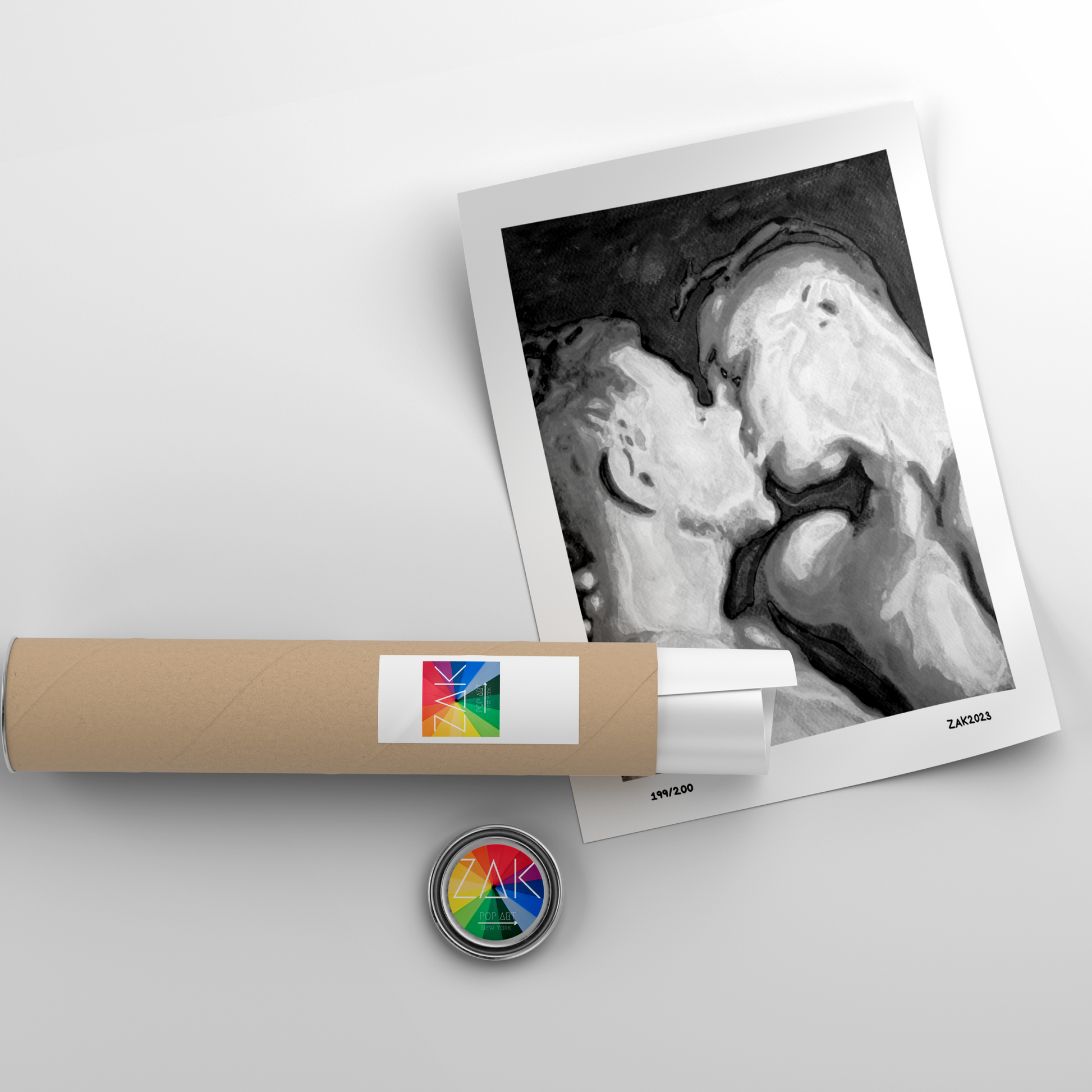Roll of paper with a printed photo of a person kissing on a white background