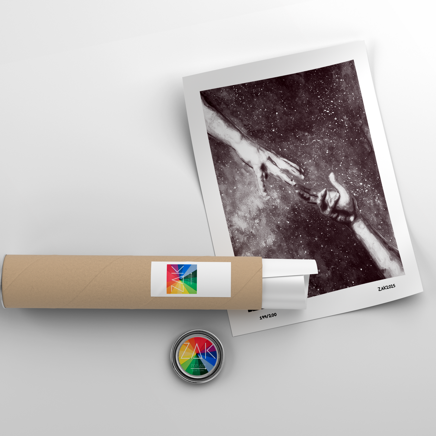 Rolled-up poster with a colorful logo on a white background