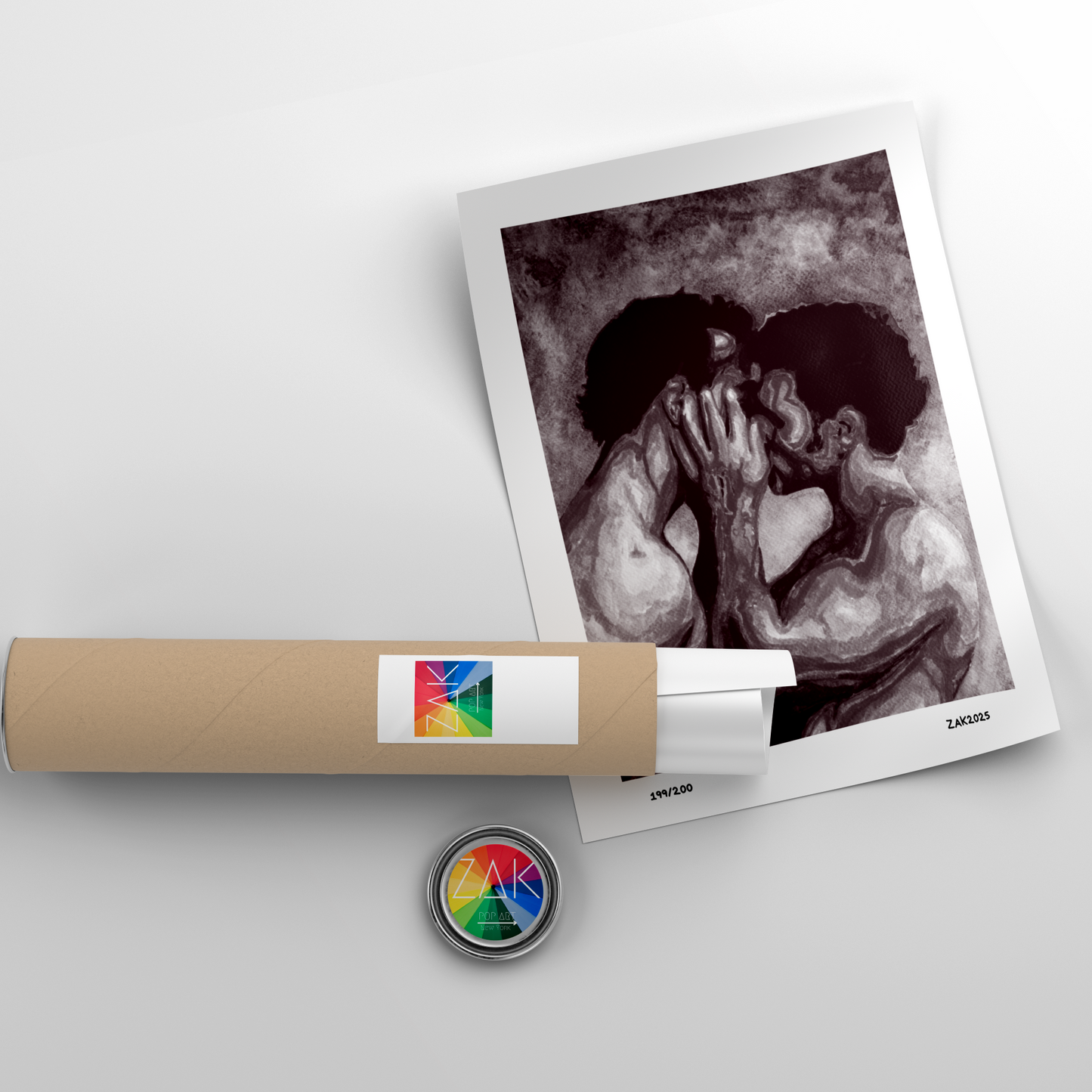 Artistic depiction of a couple embracing with a roll of paper and a button featuring a colorful logo on a light gray background.