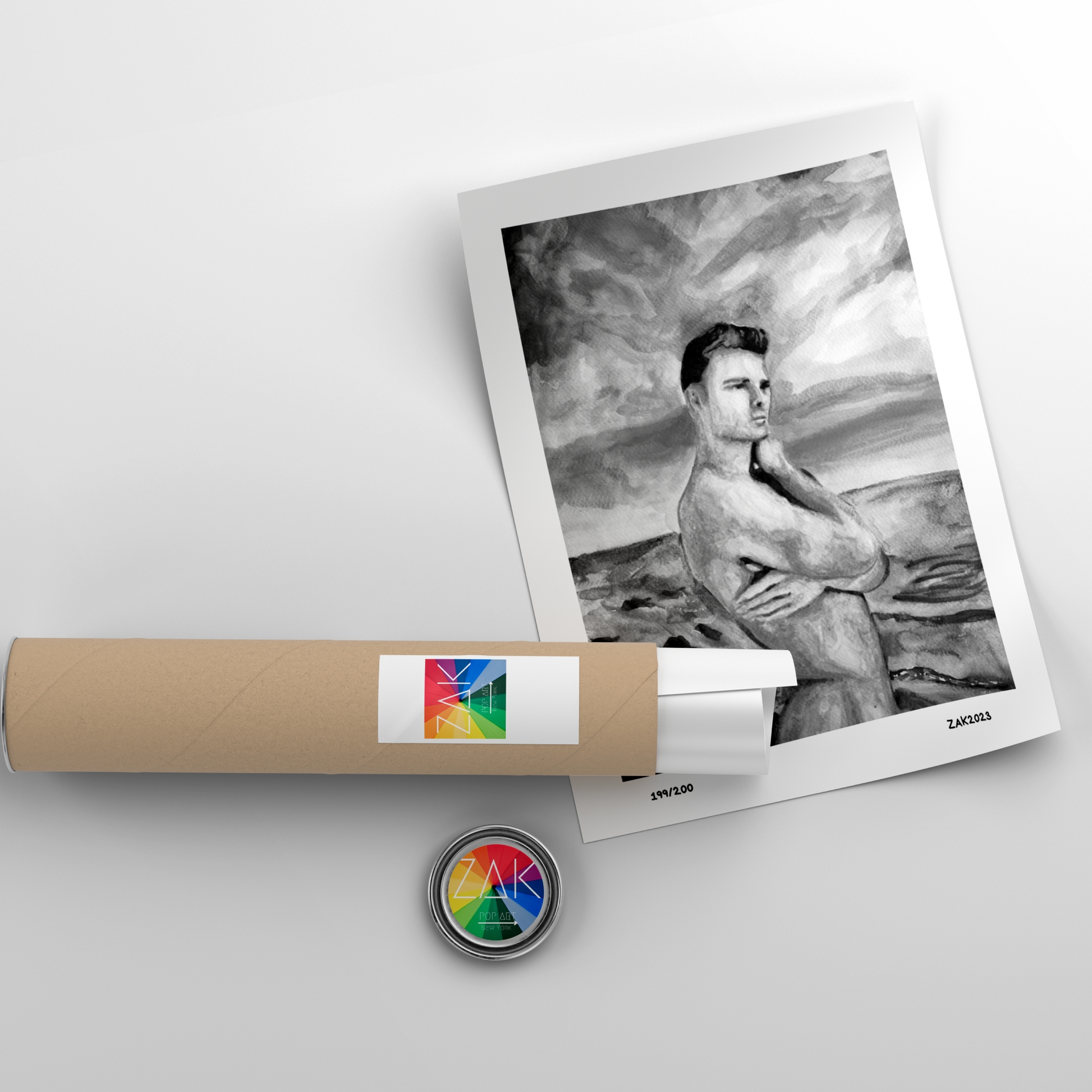  Rolled-up poster with a printed image of a man in a desert landscape on a light gray background.