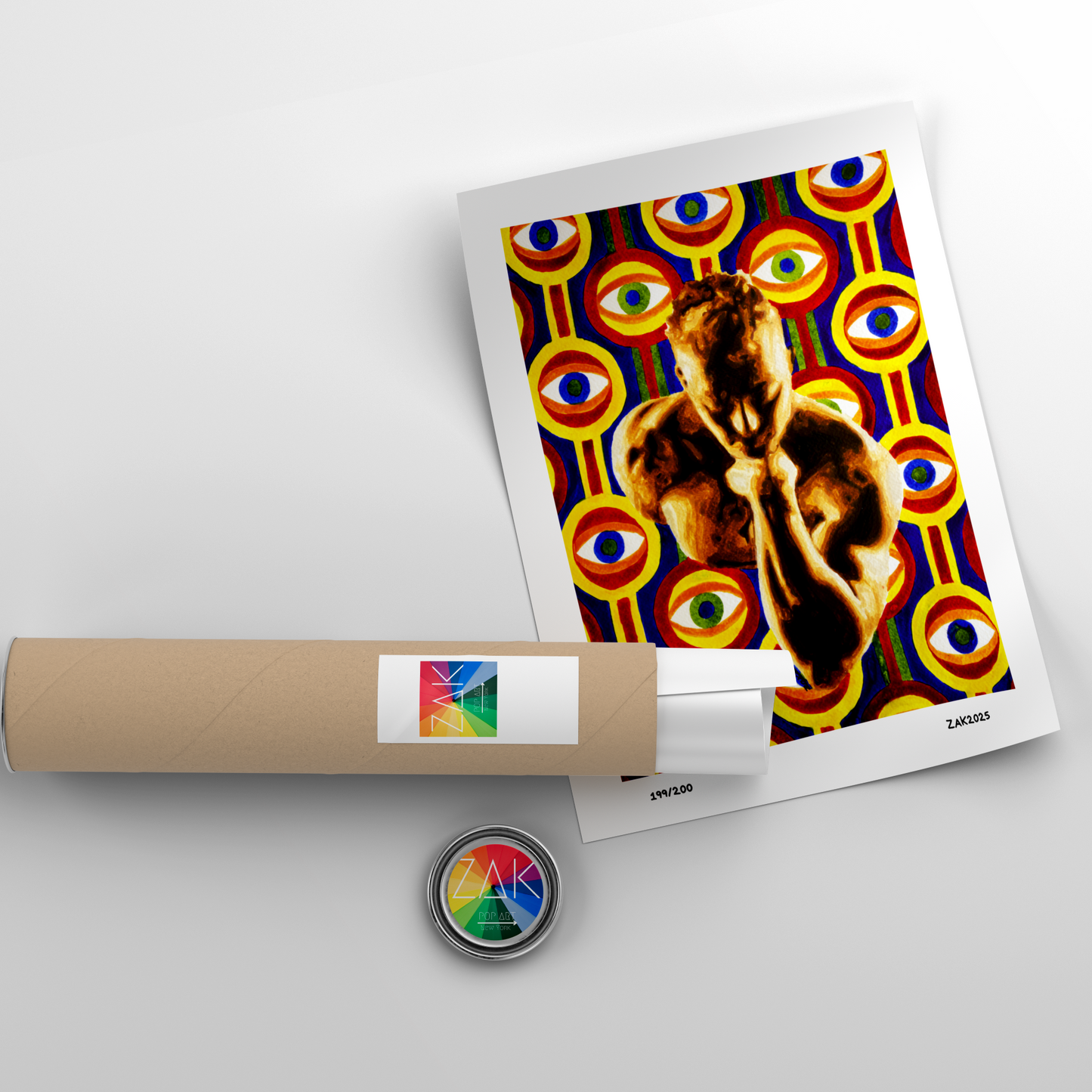 Colorful abstract art print with a kangaroo design on a white background, accompanied by a roll of paper and a small round object.