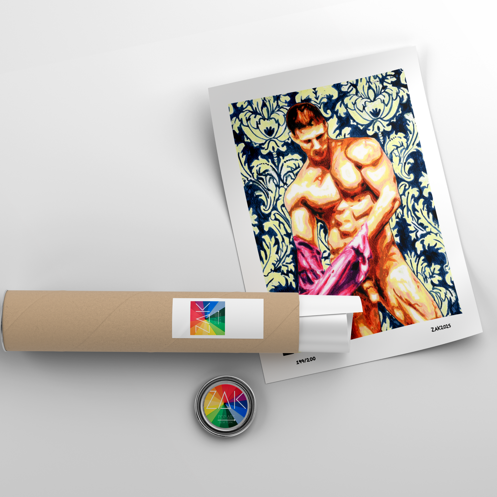 Art print of a muscular figure with a decorative border, rolled up and displayed on a light gray background.