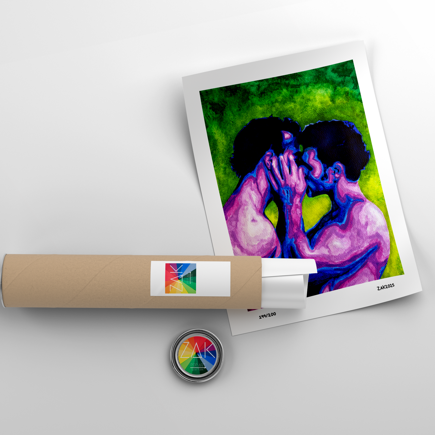 Artistic depiction of two figures embracing with a colorful background, displayed on a white surface.
