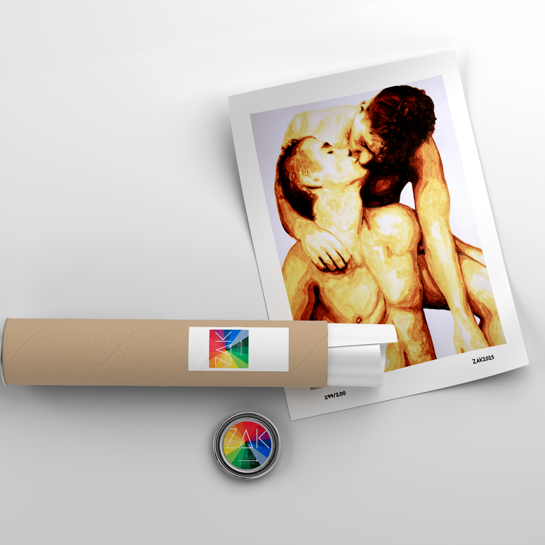 Artistic depiction of a couple embracing with a roll of paper and a button featuring a colorful logo on a light gray background.