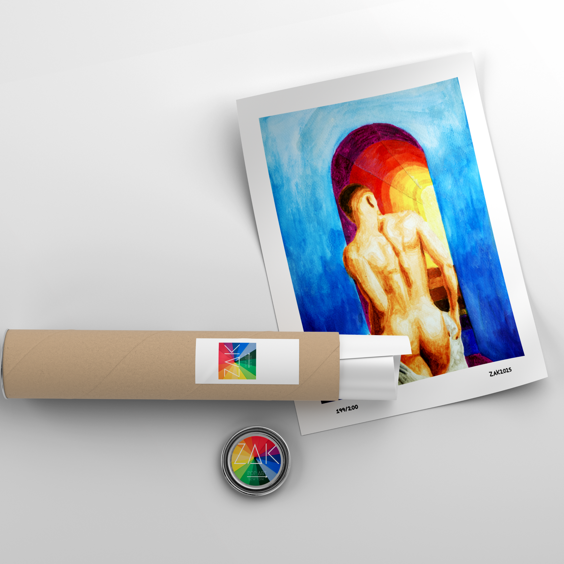 
Watercolor painting of a nude male from behind walking up stairs into the sky, with a rainbow and bright blue sky in the background.