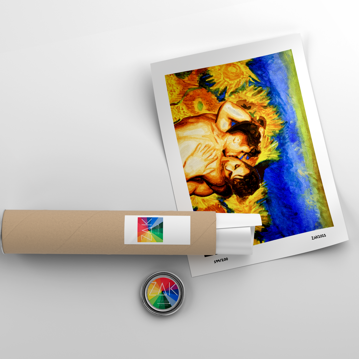 Artistic depiction of a couple embracing with sunflowers, wrapped in brown paper with a label, on a light gray background.