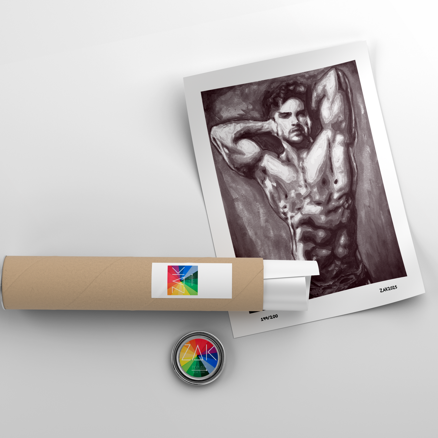 Unrolled poster of a muscular man with a cylindrical object and button on a light gray background