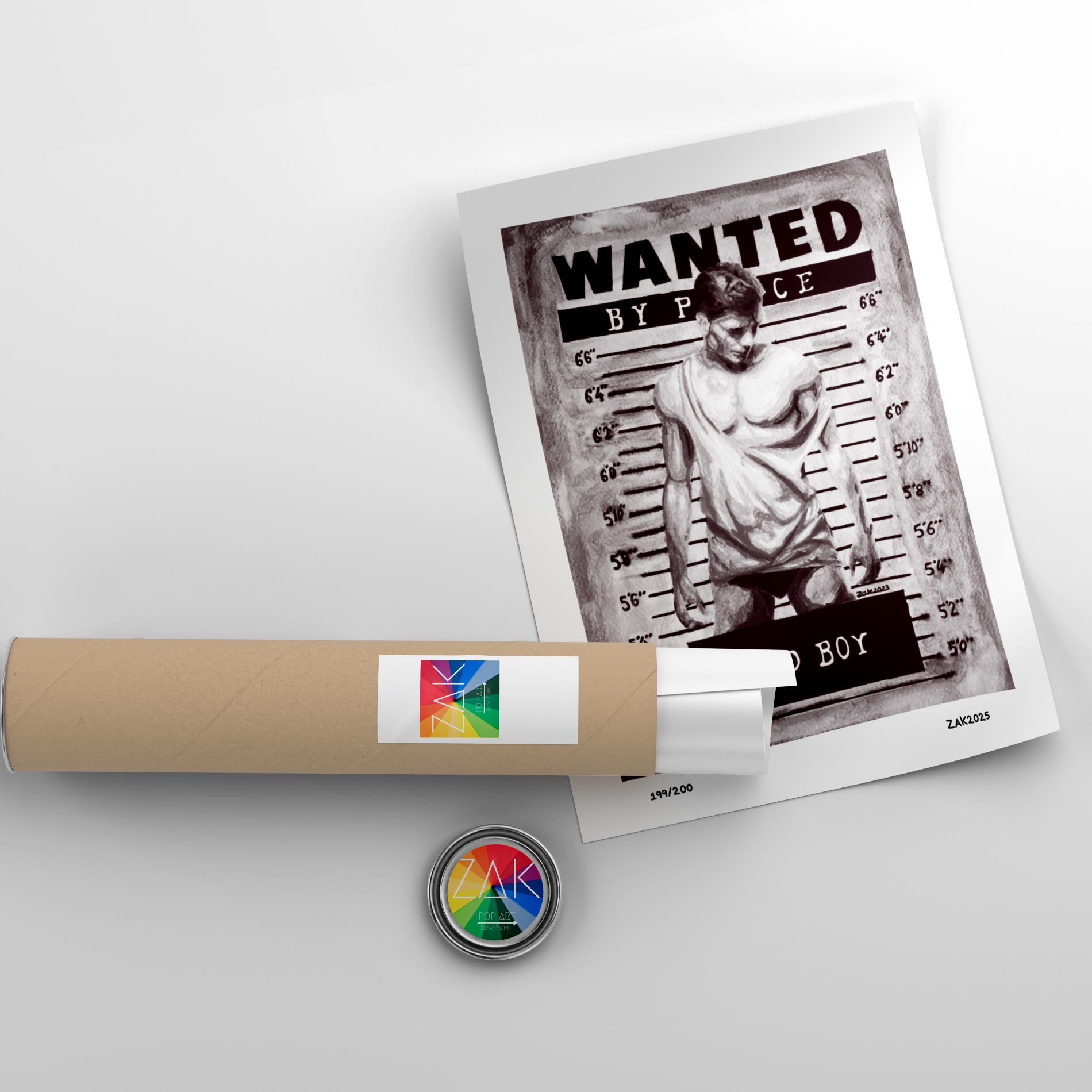 Poster with 'Wanted by Police' design and a cylindrical product on a light gray background