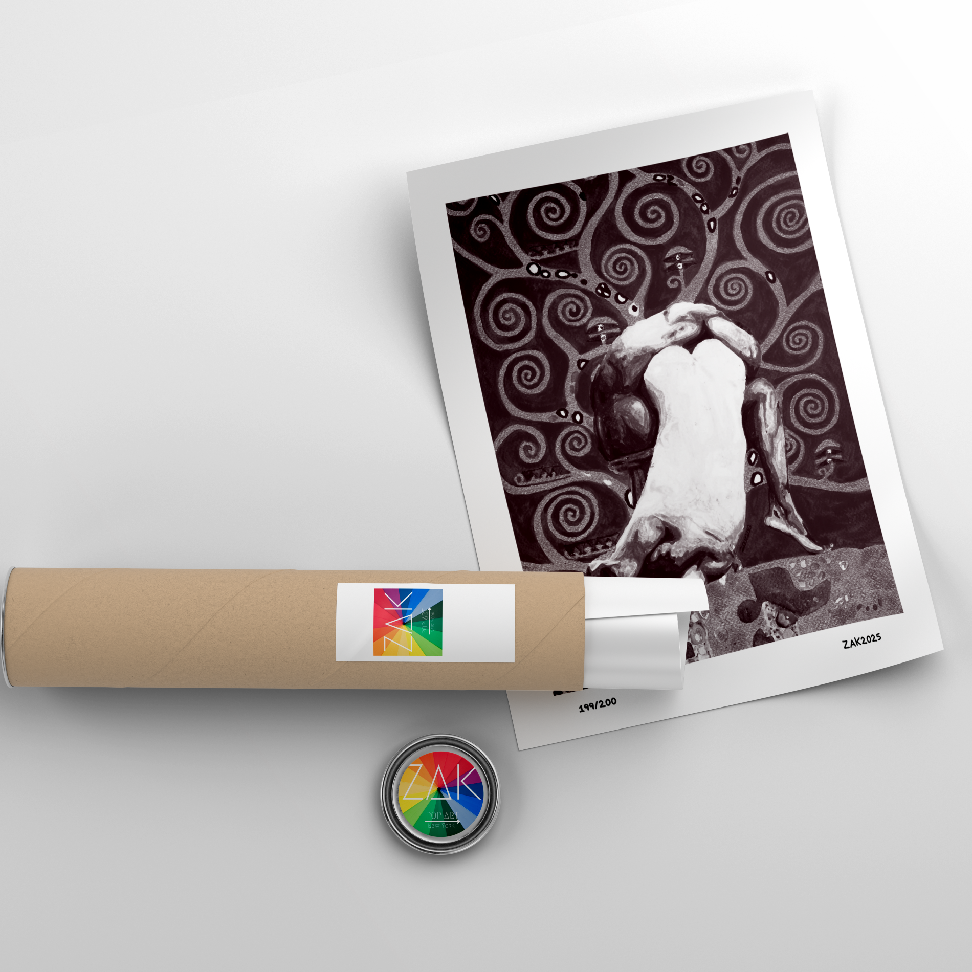 Polaroid photo with a printed roll of film and a small round object on a light gray background