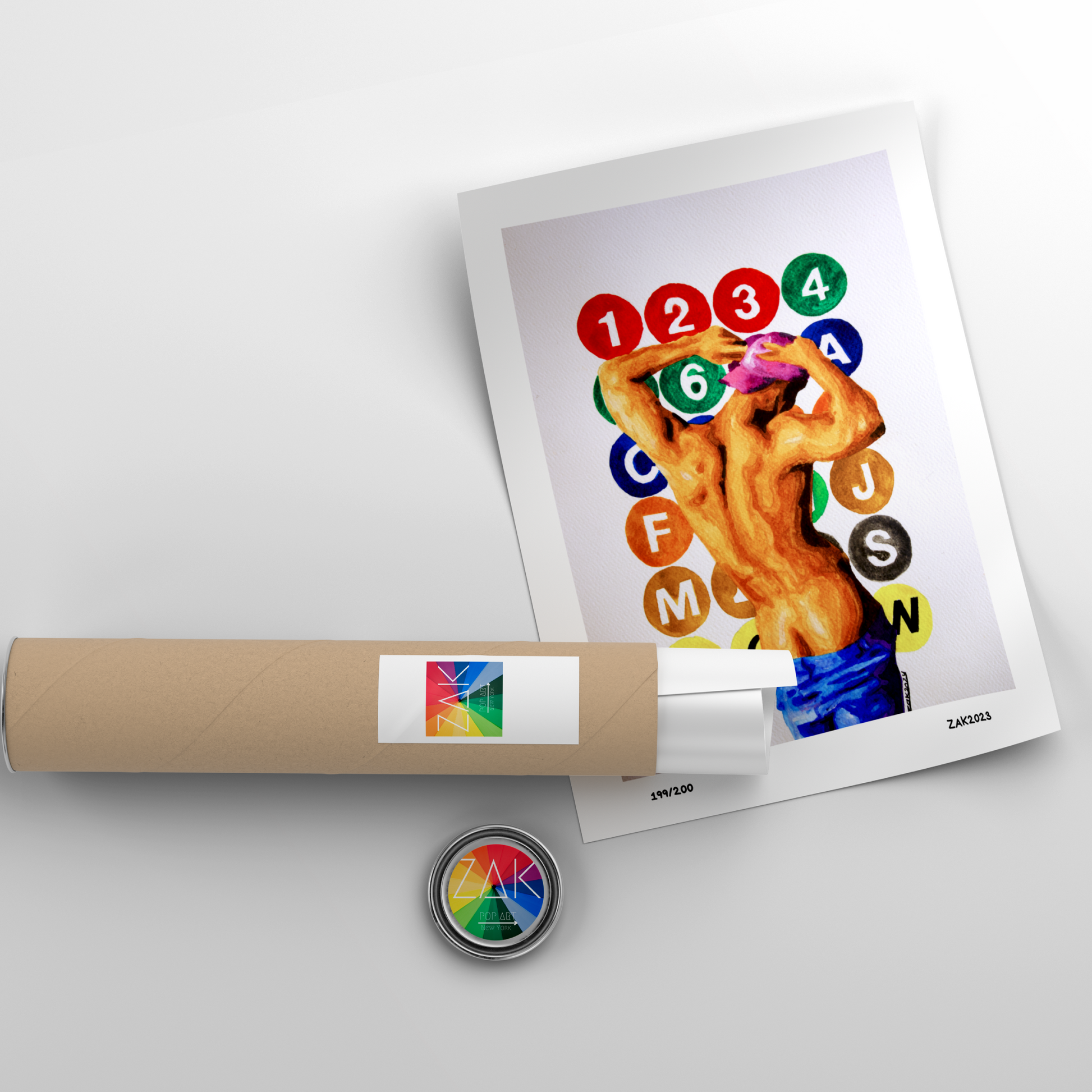 Artistic depiction of a nude figure with colorful letters on a white background, accompanied by a cylindrical object and a round badge.