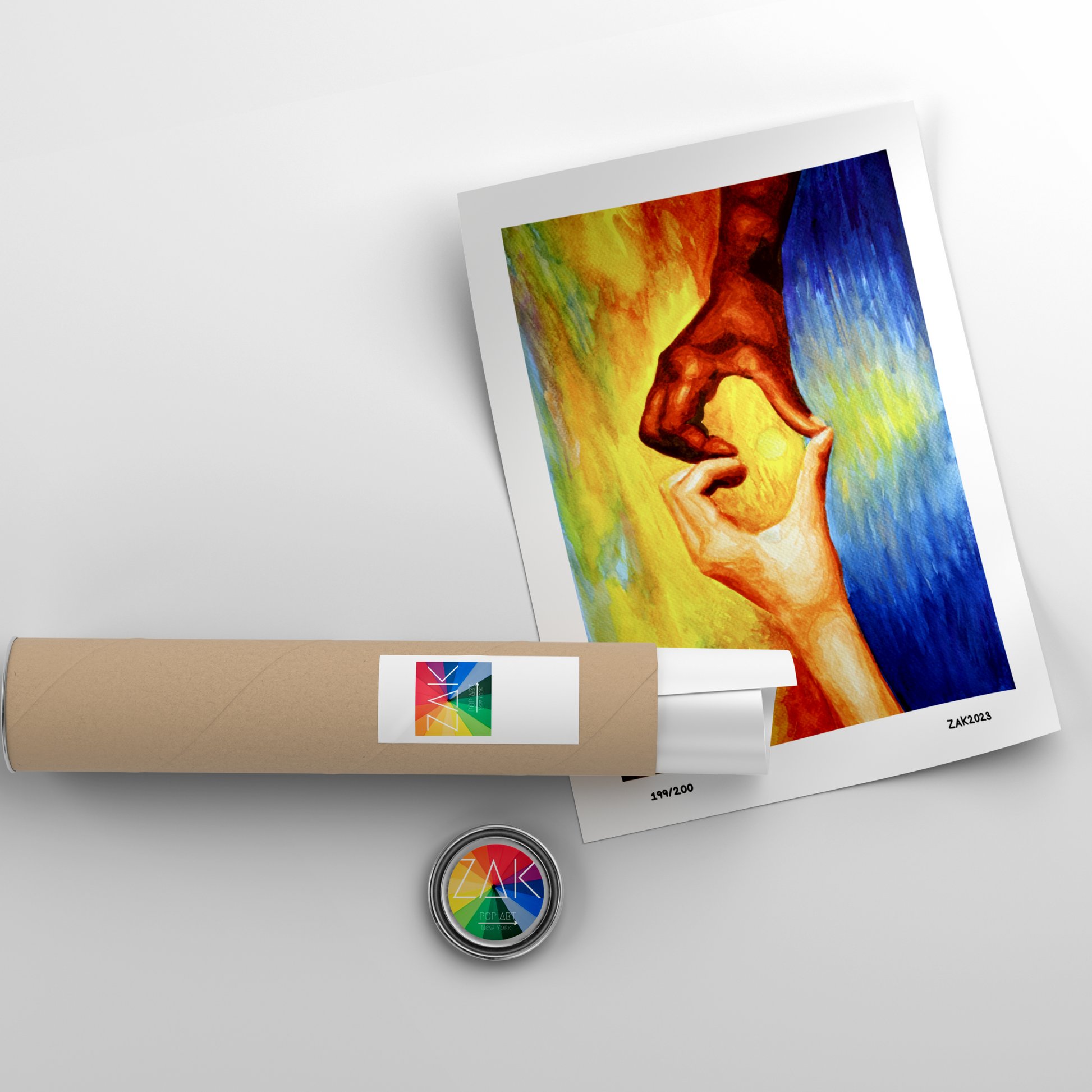 Artistic depiction of a hand holding a nose with a colorful background, displayed on a white surface.