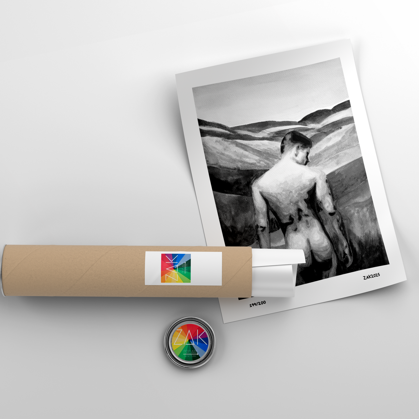 Roll of paper with a photo of a man in a field and a visible brand logo on a light gray background