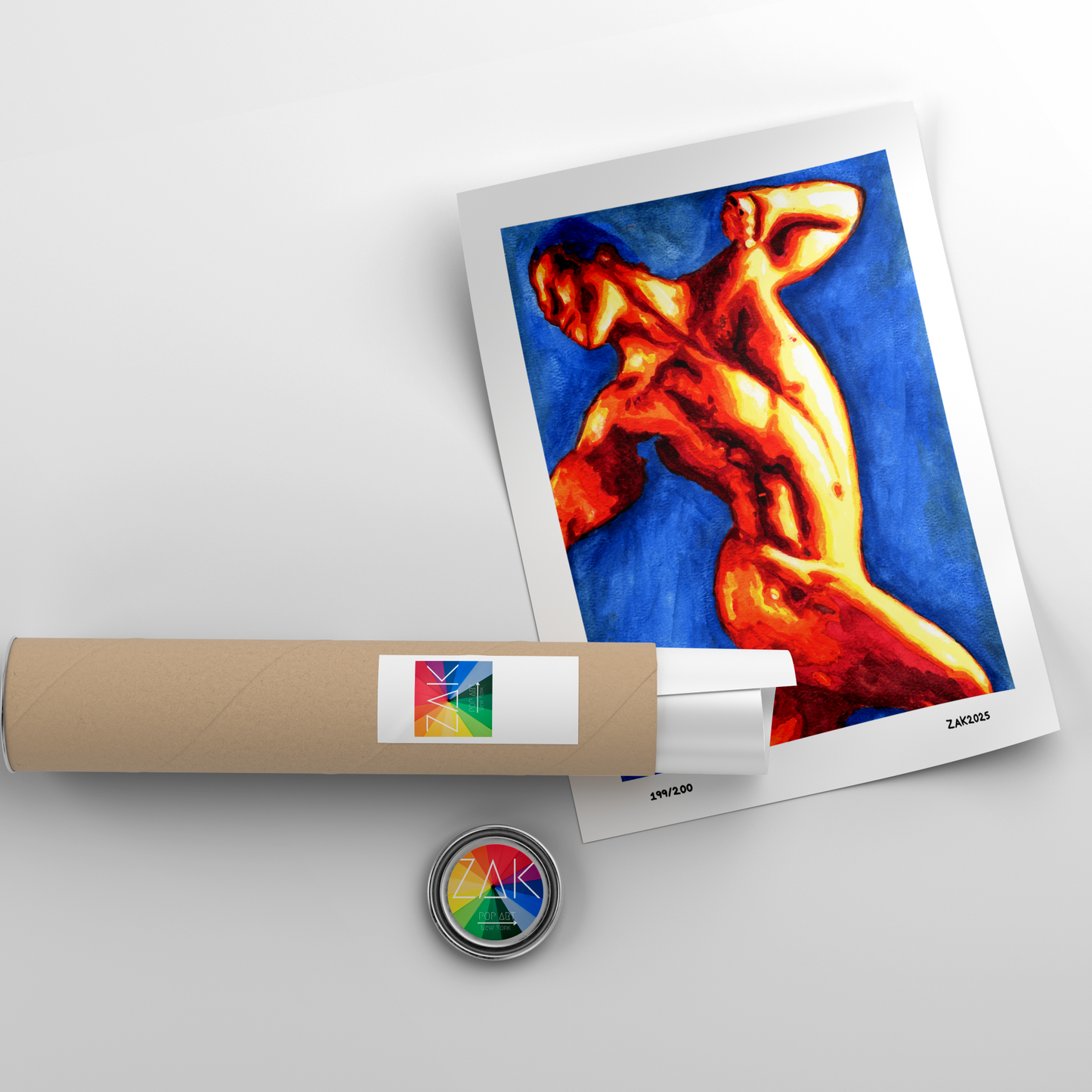 Artistic depiction of a muscular figure on a framed print with a roll of paper and a button in the foreground.