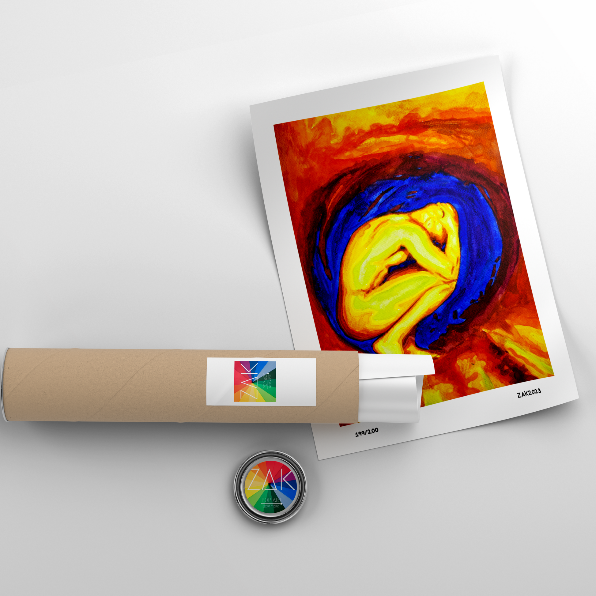 Artistic print of a colorful abstract design with a roll of paper and a small round object on a light gray background.
