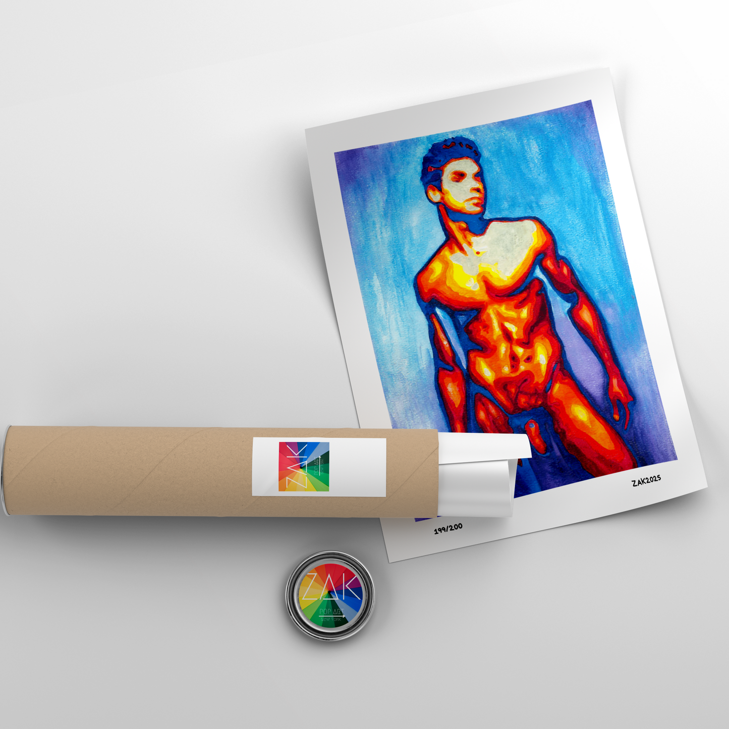 Artistic depiction of a muscular figure on a white background with a roll of paper and a button.