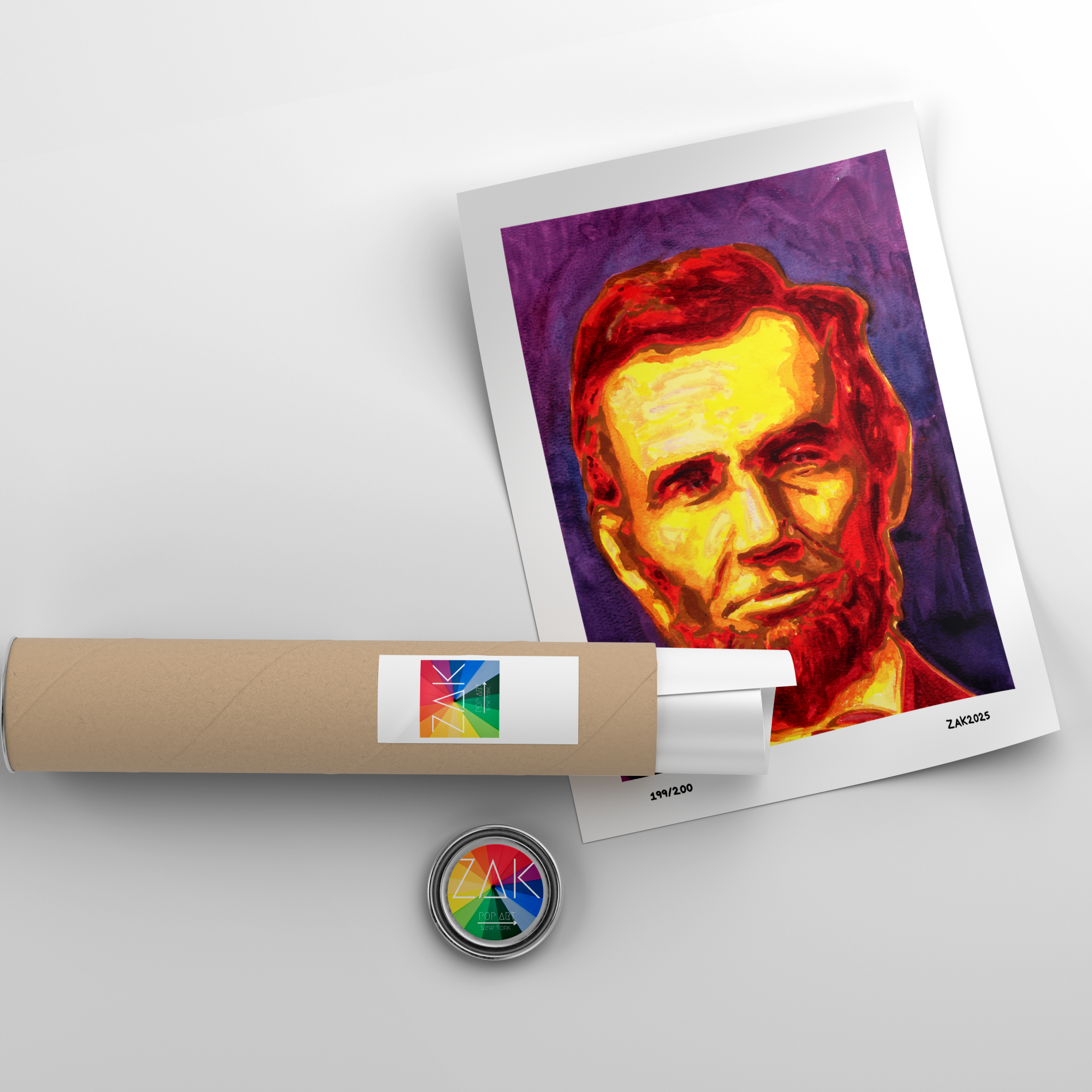 Colorful portrait of a historical figure on a white background with a roll of paper and a button.