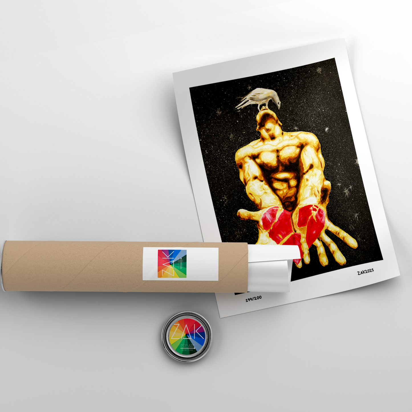 Artistic depiction of a muscular figure holding a heart on a white background with a roll of paper and a small round object.