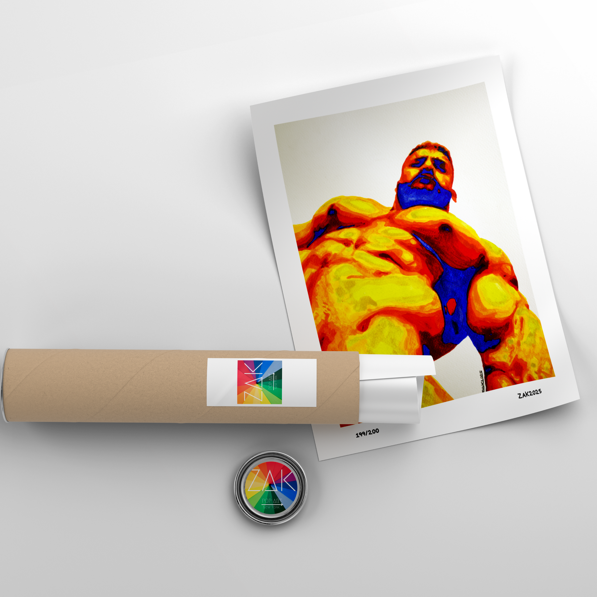 Bold watercolor painting of a muscular nude male viewed from a low angle, using vivid heatmap colors—yellow, red, and blue—symbolizing queer strength and sensuality, by Zak Pop Art.