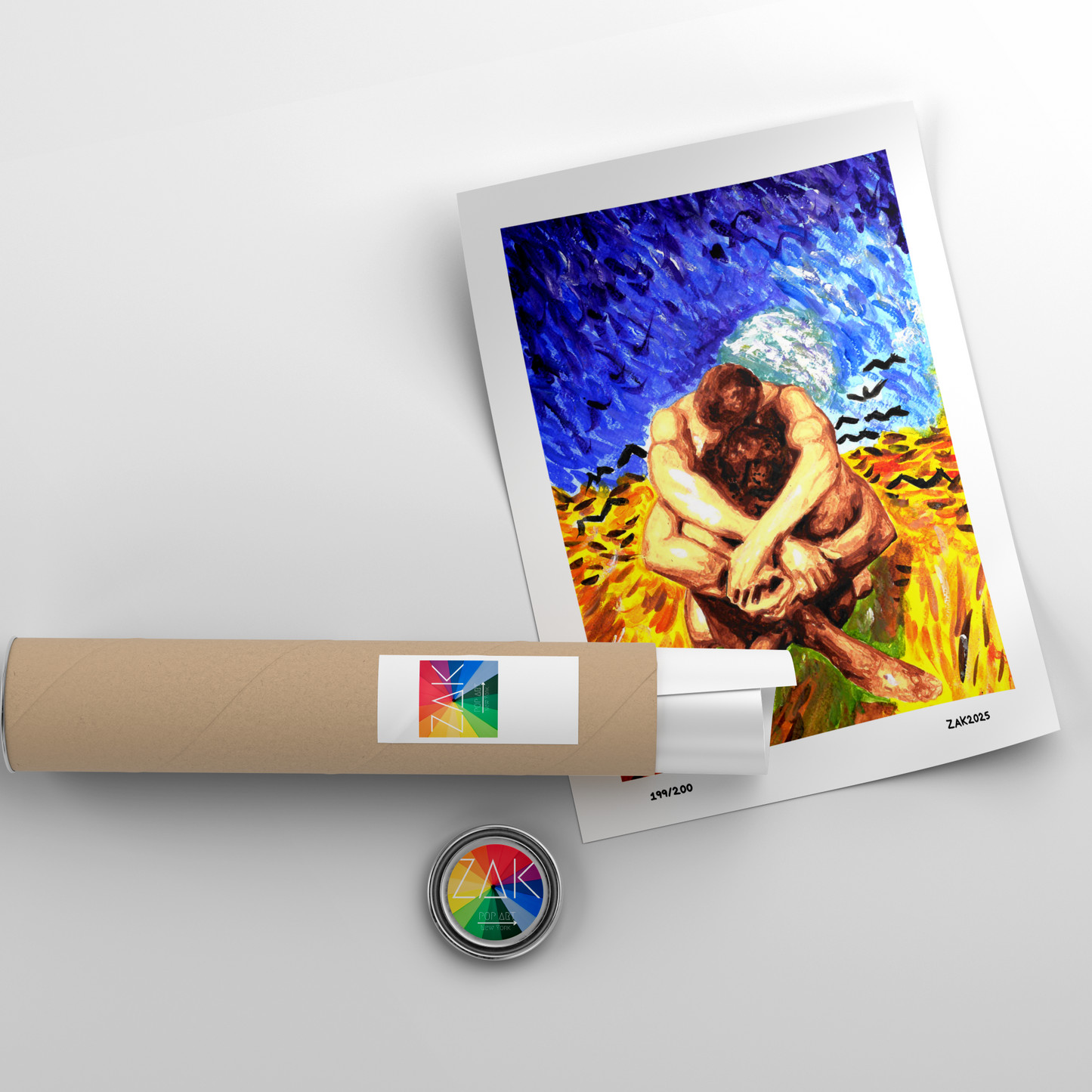 Artistic depiction of a person sitting in a field with a colorful background, wrapped in brown paper with a label.