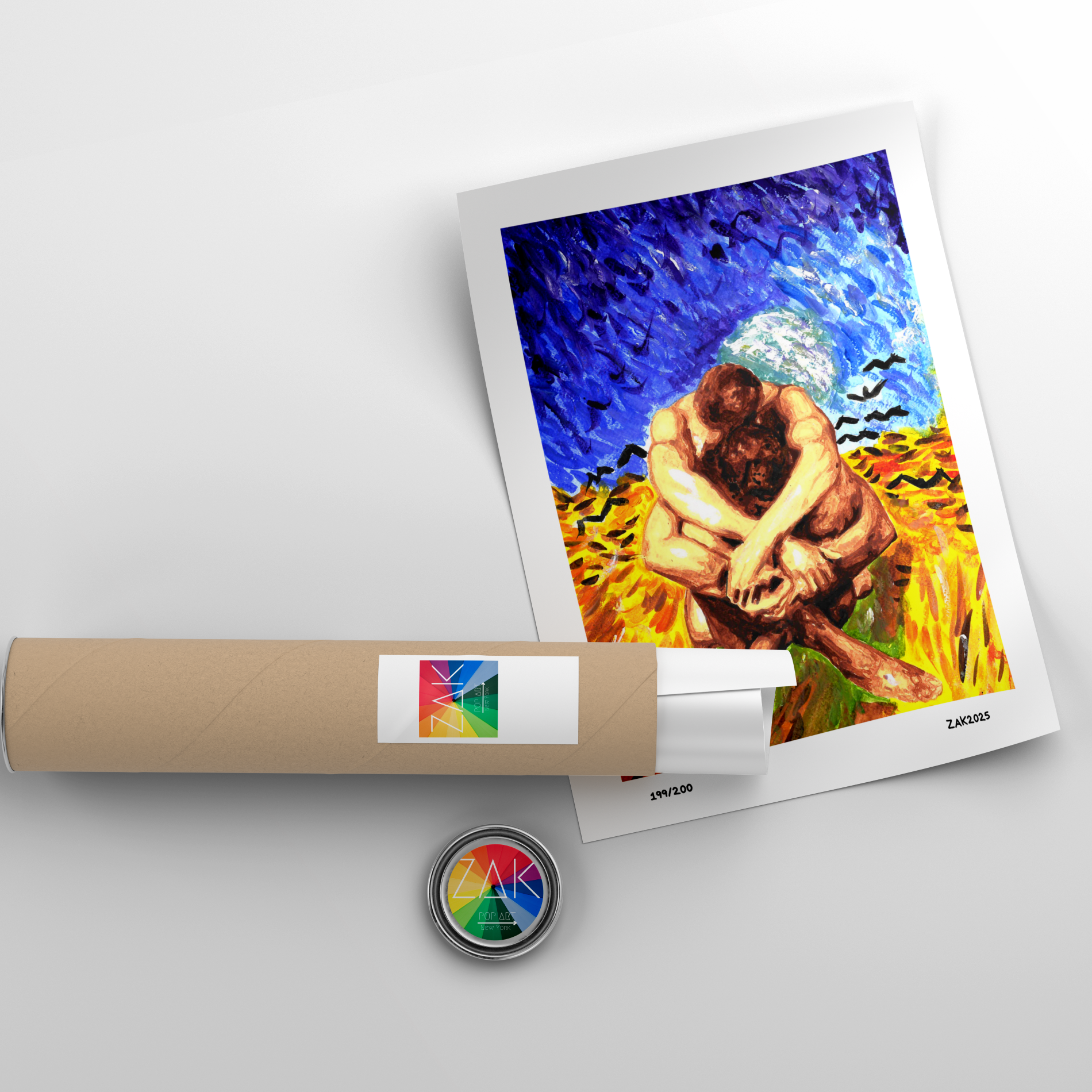 Artistic depiction of a person sitting in a field with a colorful background, wrapped in brown paper with a label.