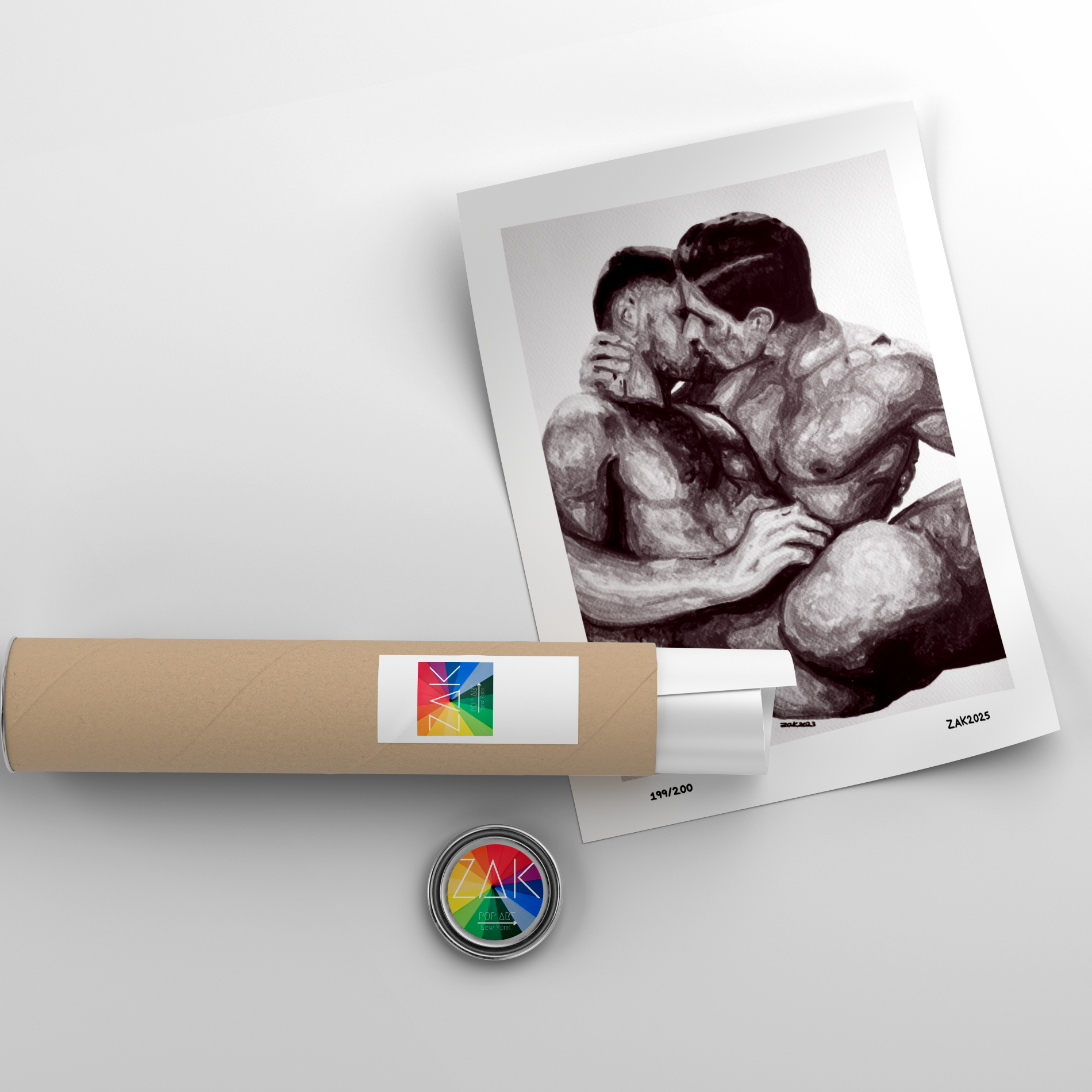 Roll of paper with a printed photo of two people embracing on a white background