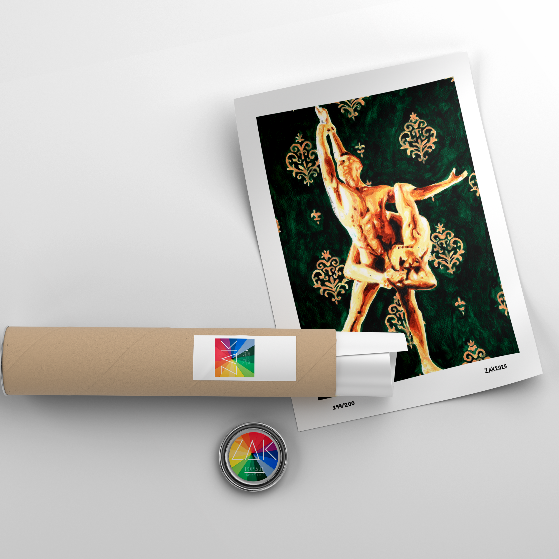 Artistic depiction of a dancer on a poster with a roll of paper and a button in the foreground.