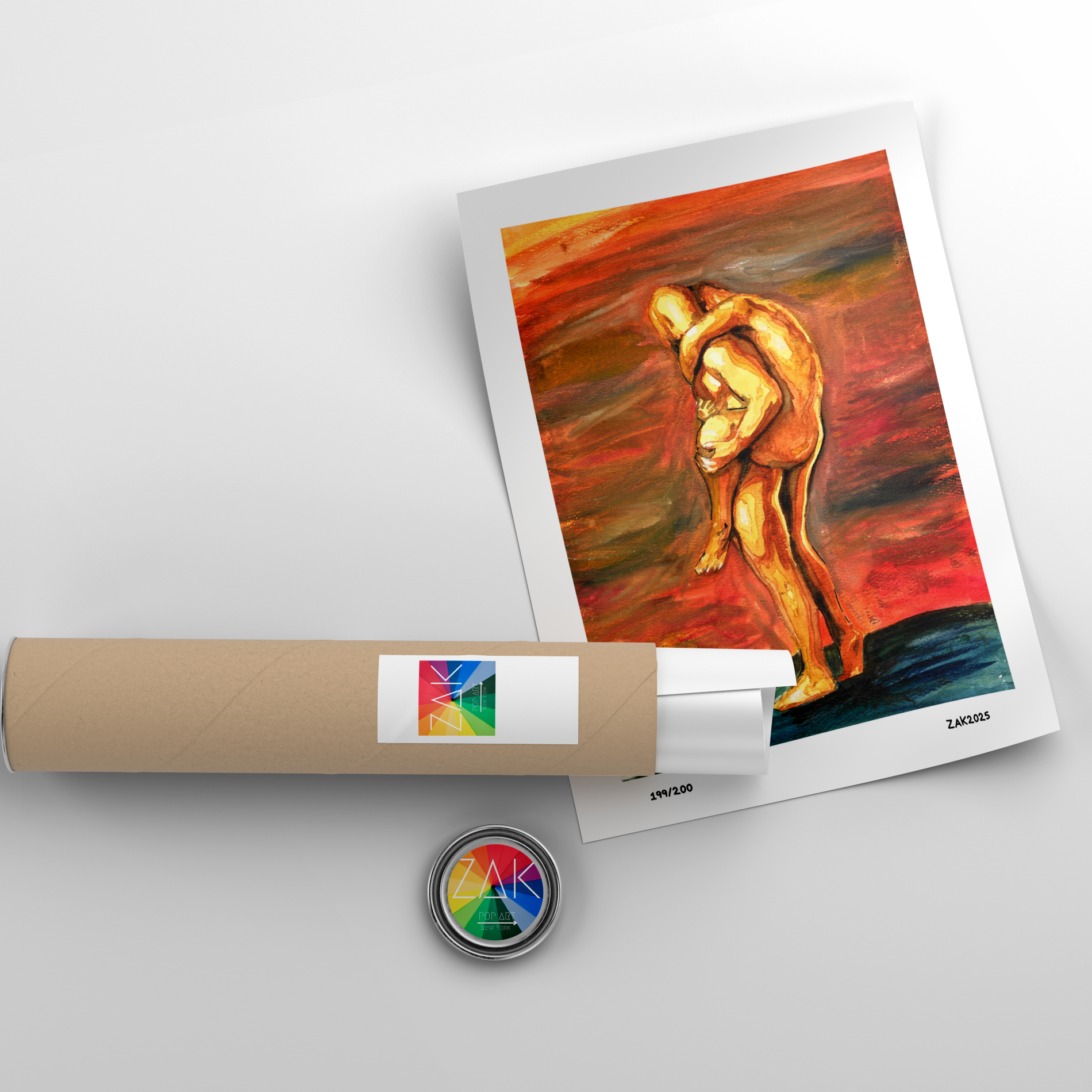 Artistic depiction of a lion on a wrapped painting roll with a visible brand logo.