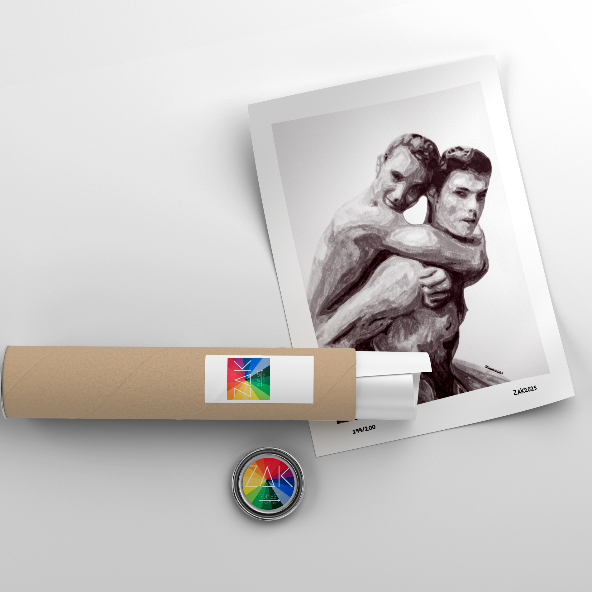 Roll of paper with a photo of two people embracing and a button with a logo on a light gray background