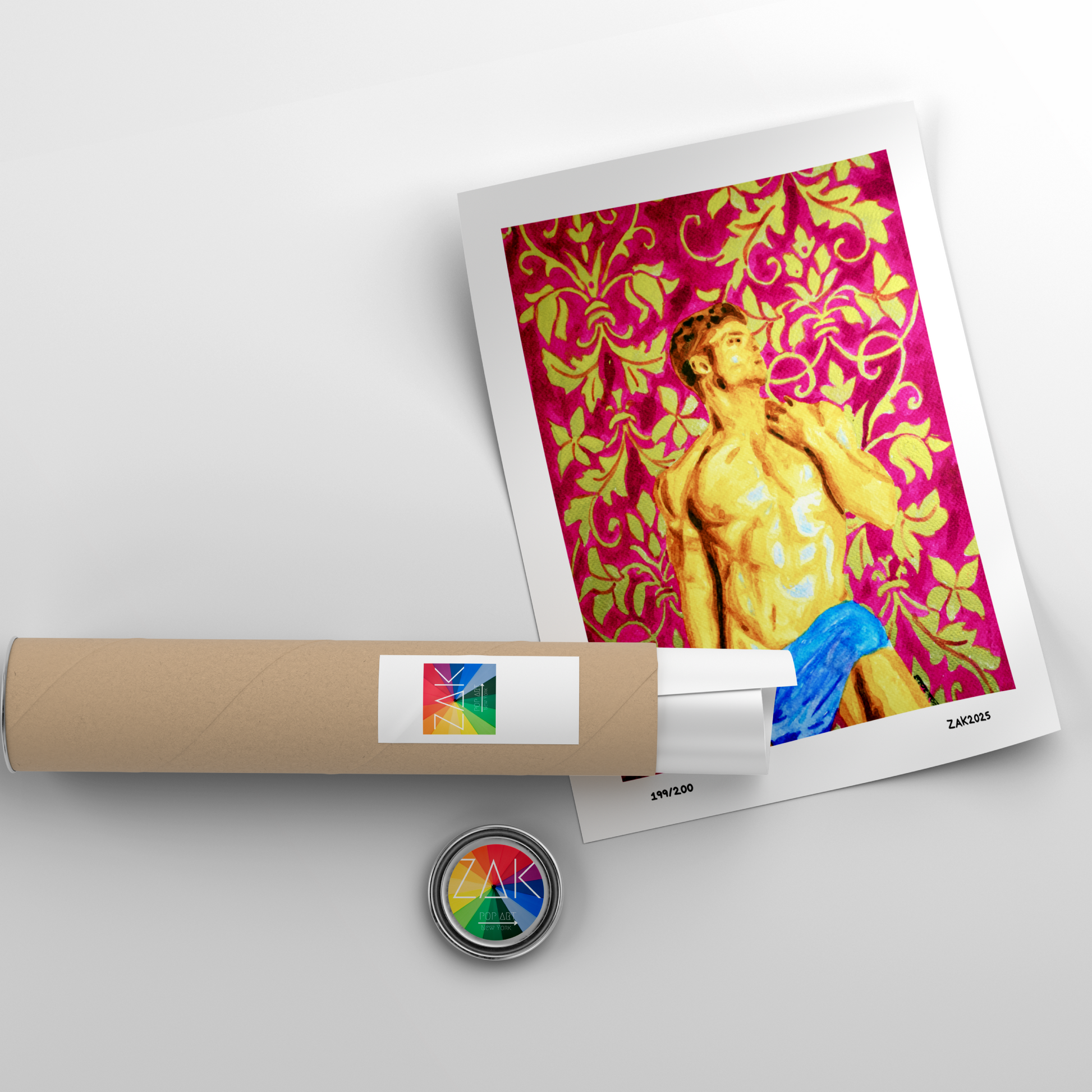 Greek-style muscular nude male with blue cloth and antique banana leaves in pink and gold