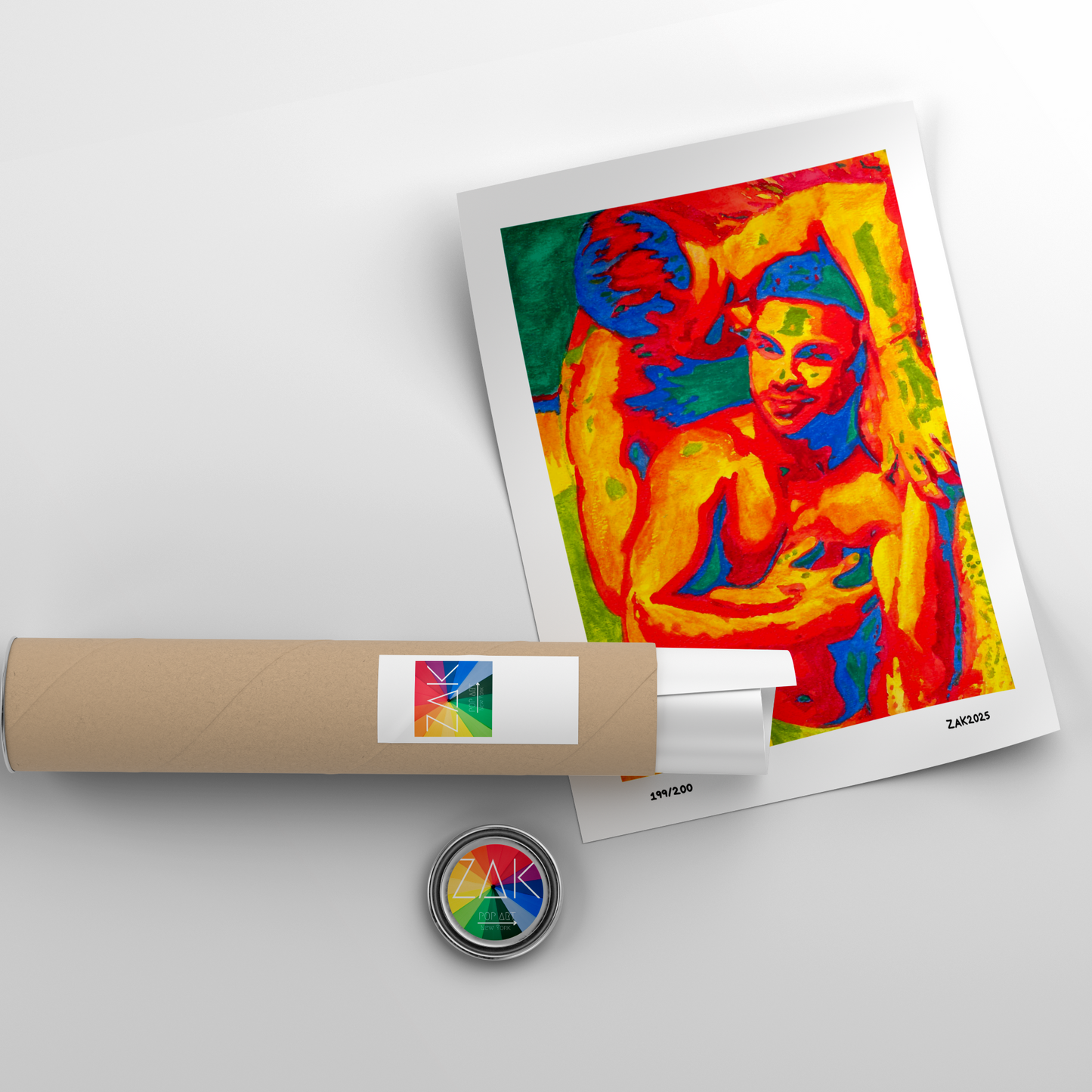 Framed colorful artwork of gay couple kissing on a white wall