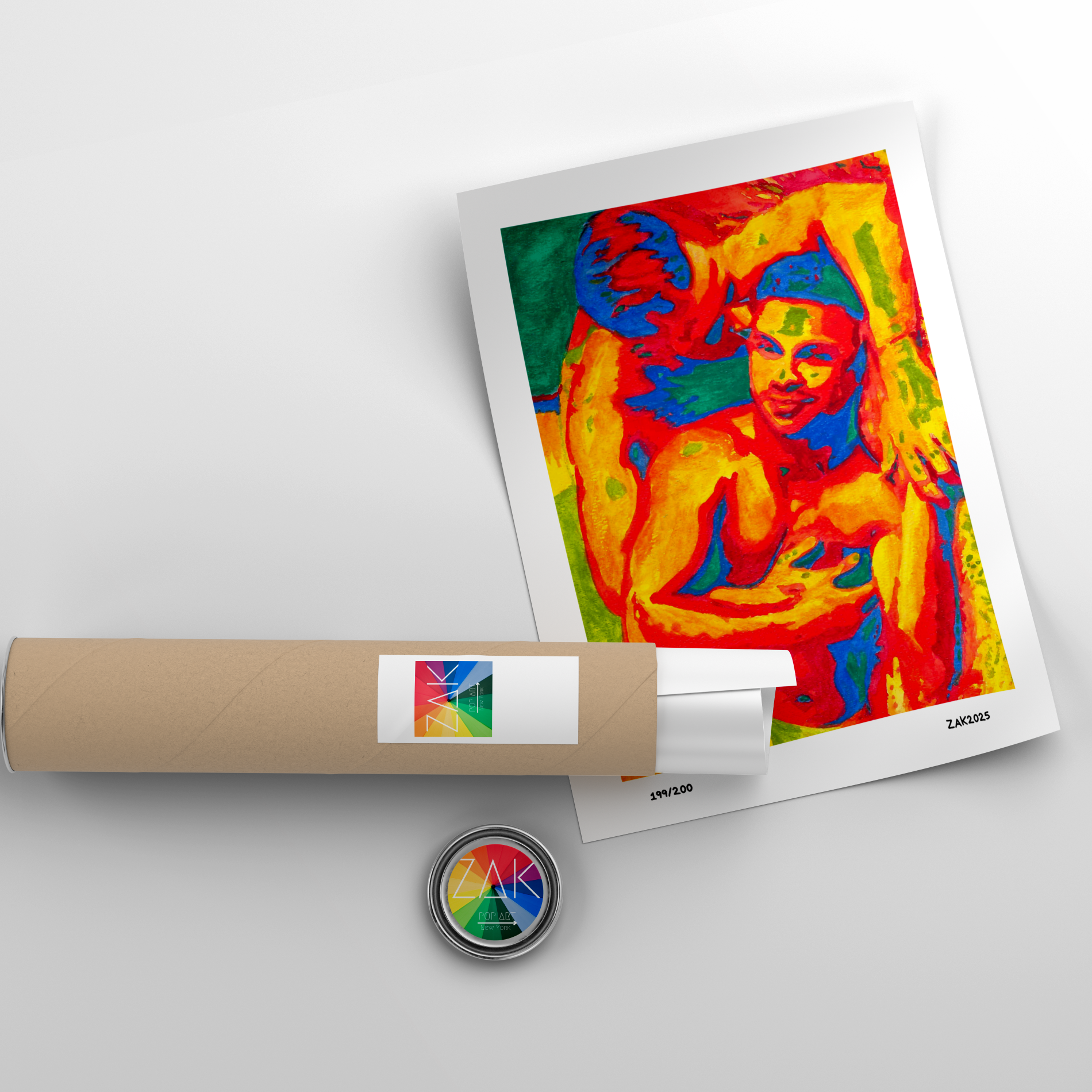 Framed colorful artwork of gay couple kissing on a white wall