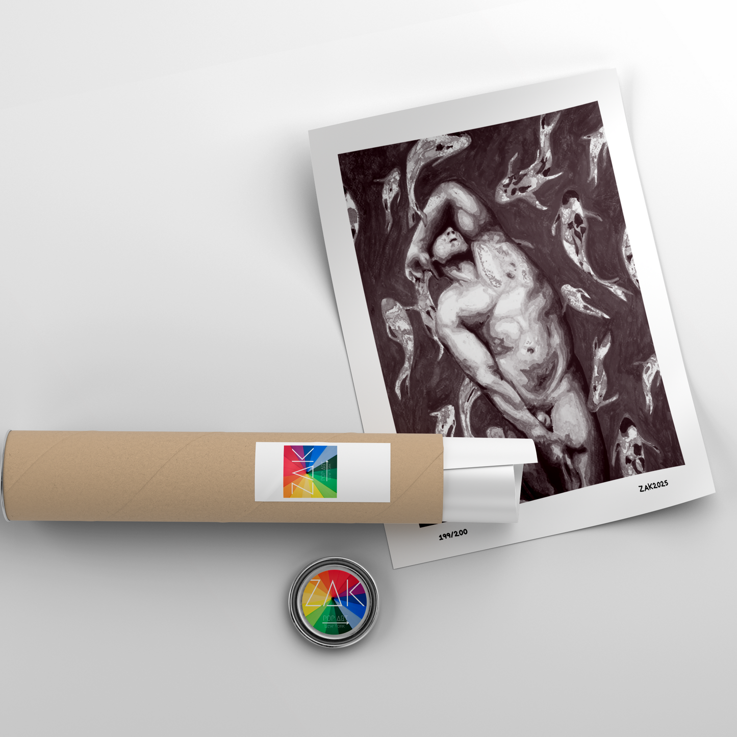 Artistic print of a nude figure with a roll of paper and a button on a light gray background