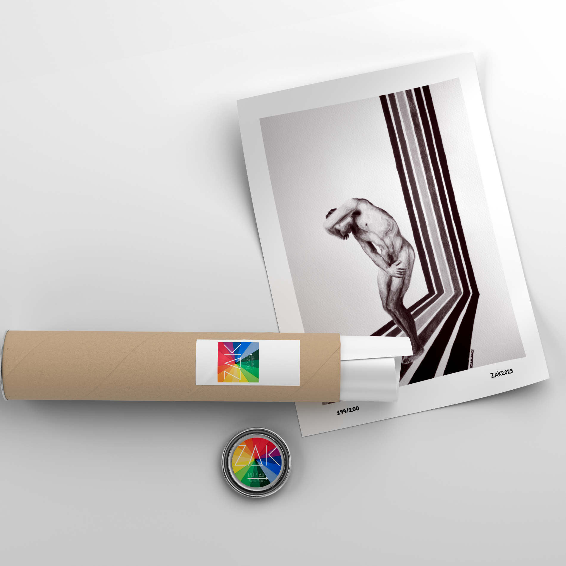 Roll of paper with a colorful label and a photograph on a light gray background
