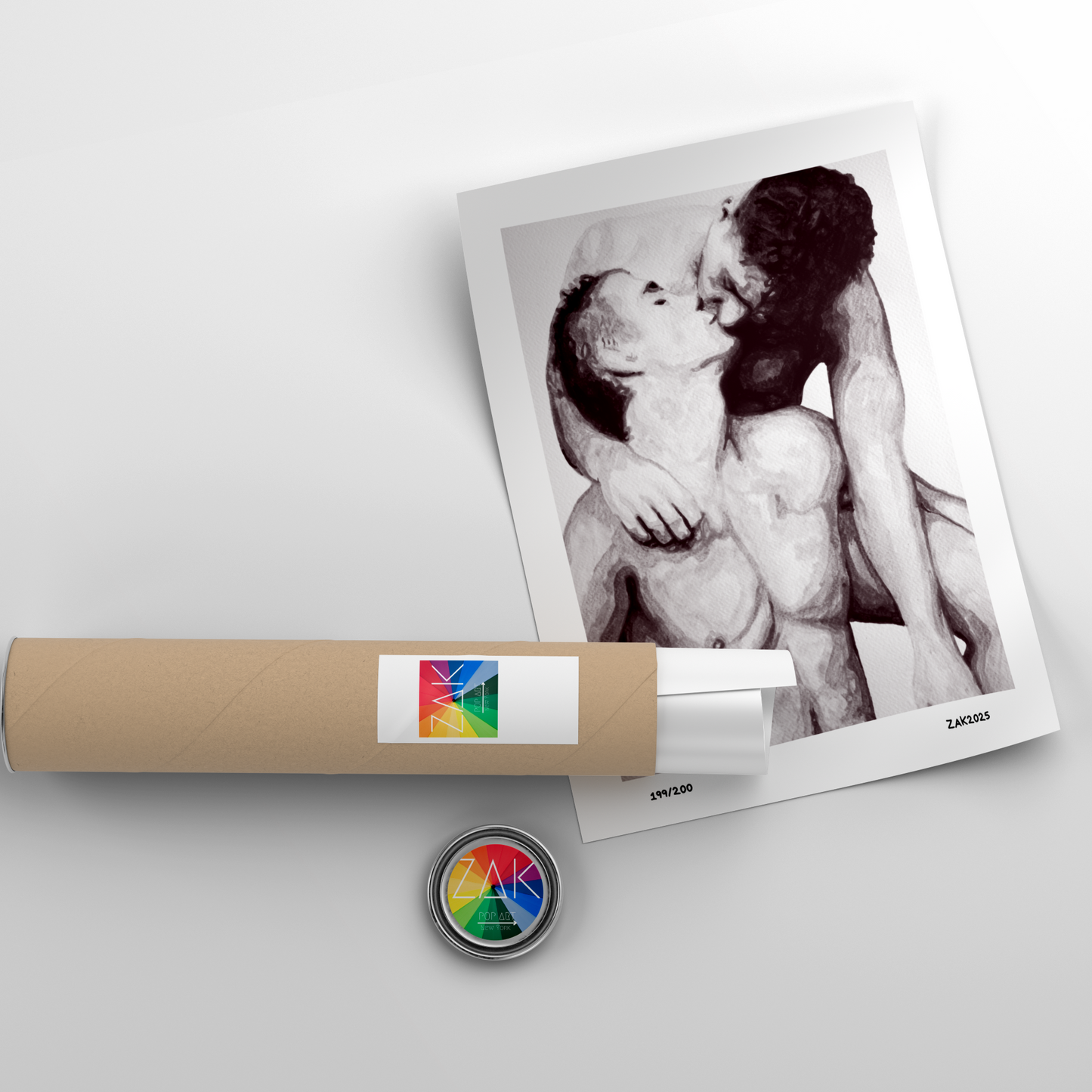 Artistic depiction of a couple embracing with a roll of paper and a button featuring a colorful logo on a light gray background.