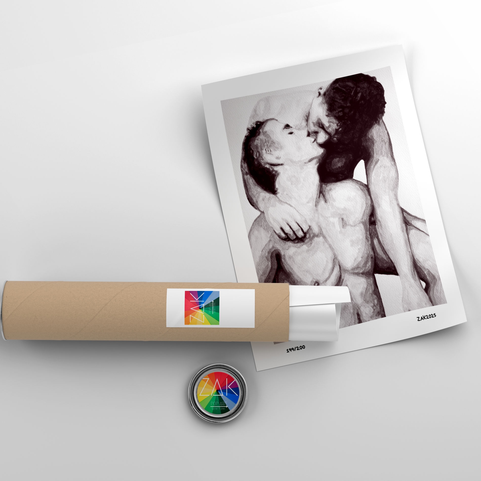 Artistic depiction of a couple embracing with a roll of paper and a button featuring a colorful logo on a light gray background.