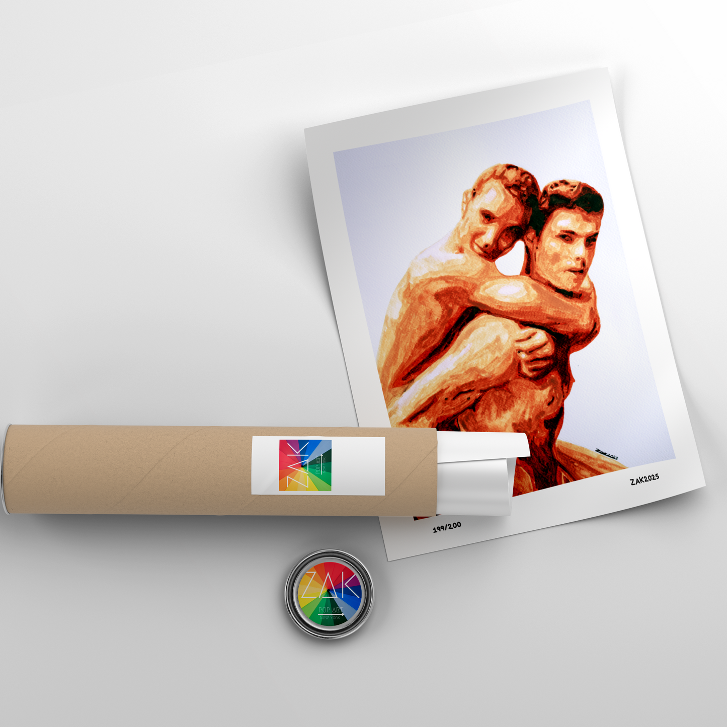 Rolled-up poster with a printed image of two people hugging on a light gray background.