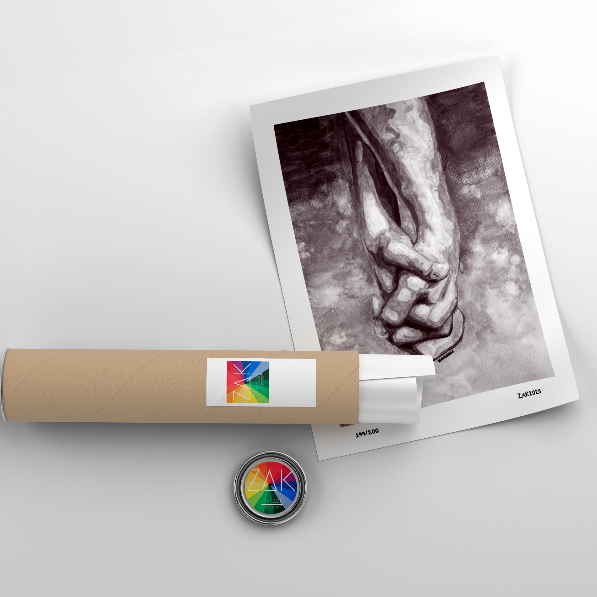 Roll of paper with a colorful logo, a photo of hands holding each other, and a small round object on a light gray background.