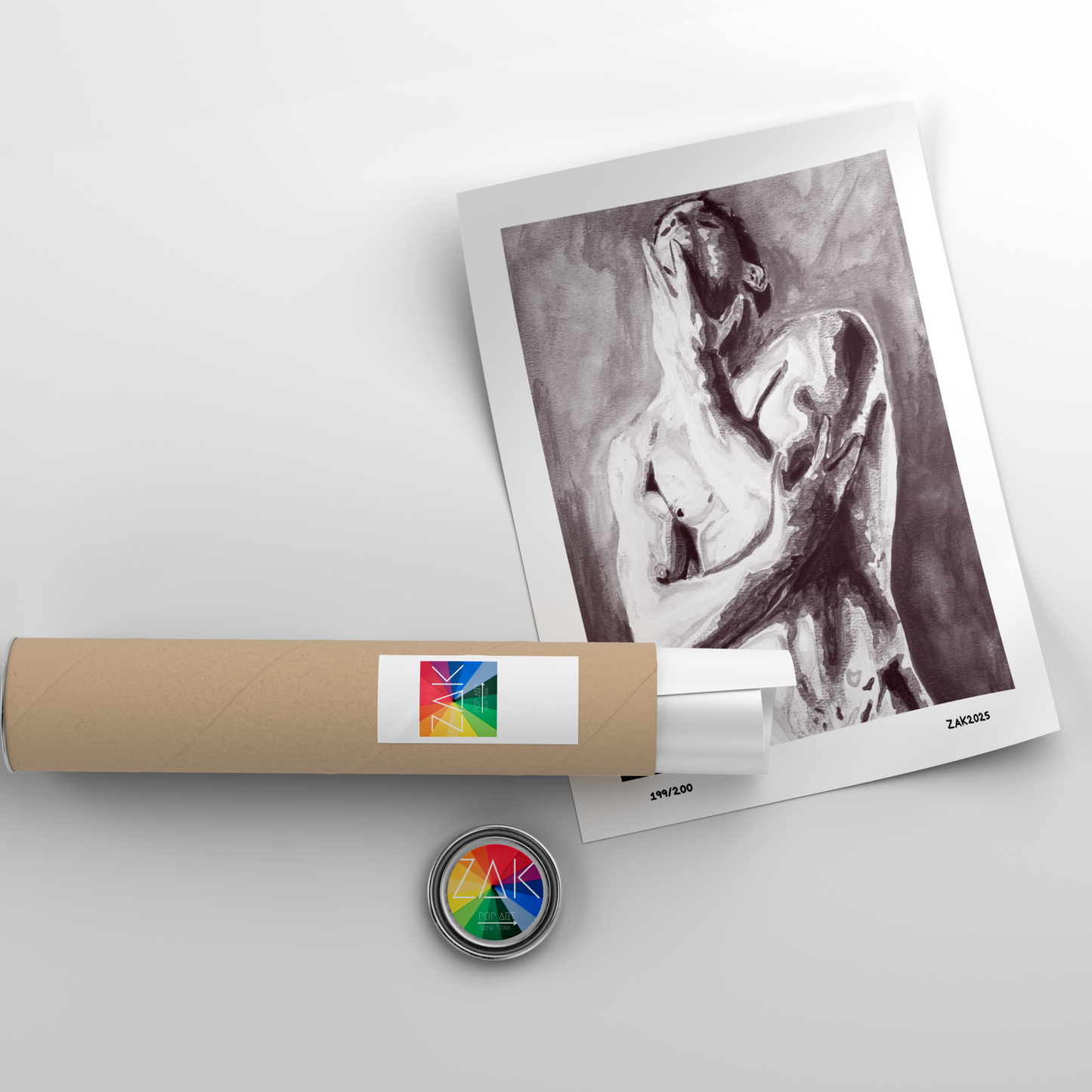 Artistic print of a nude figure on paper with a cylindrical object and a button featuring a logo.