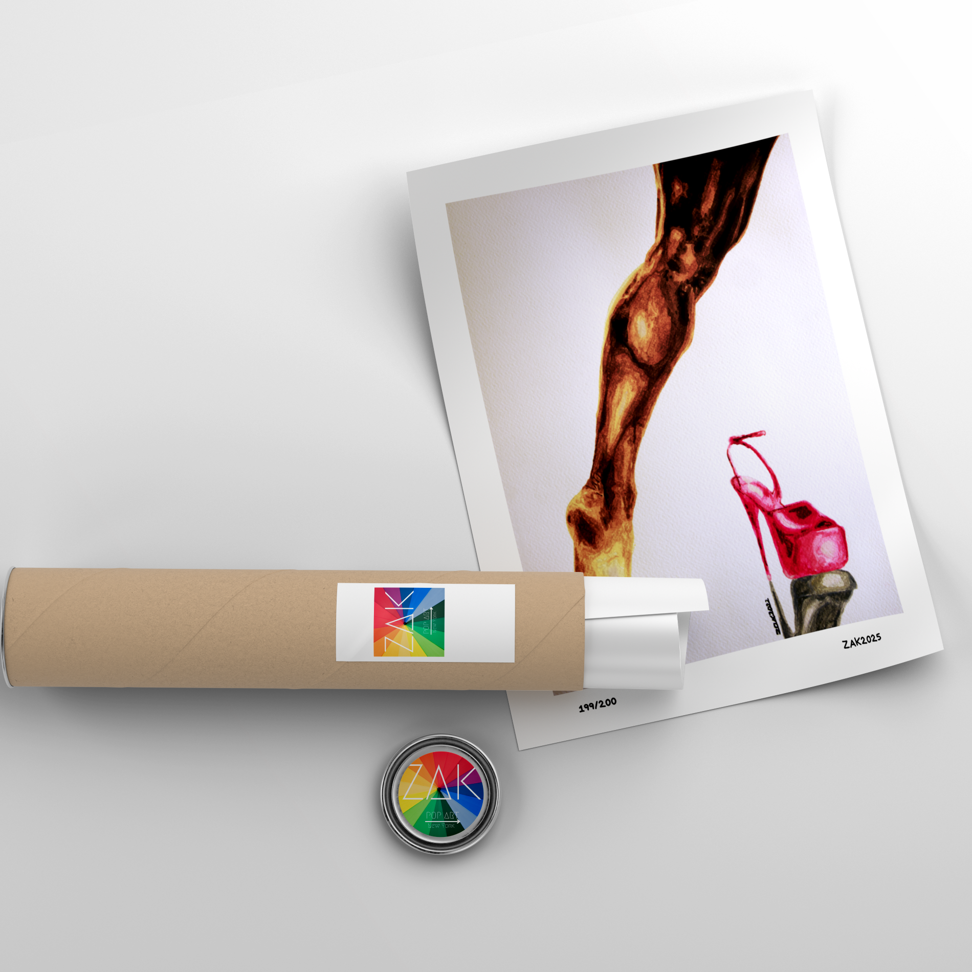 Roll of paper with a colorful label, a printed photo, and a small round object on a light gray background.