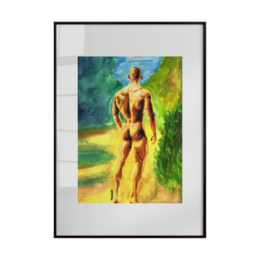 Framed painting of a nude figure in a natural setting