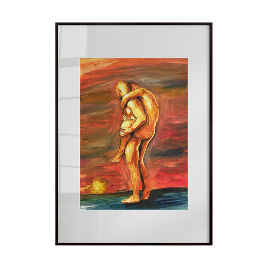 two nude men, one carrying the other, walking toward a glowing sunset. Warm, vibrant hues of reds, oranges, and golds flood the scene, capturing the intensity of love, passion, and devotion. 