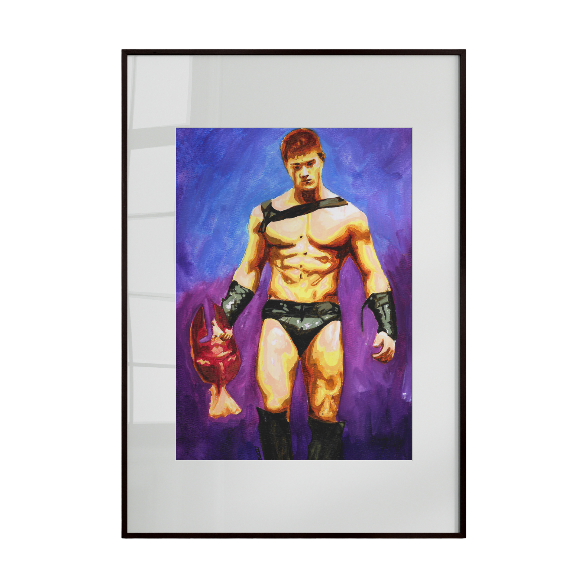 Framed artwork of a muscular figure with a colorful background