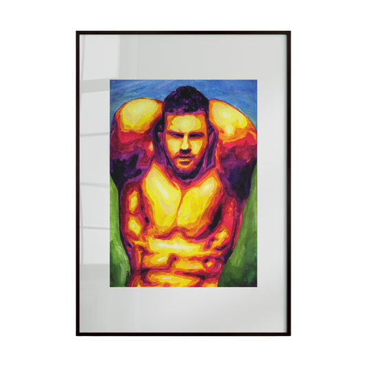 male figure in a vibrant, abstract style. Warm and cool hues intertwine across the composition, creating a dynamic interplay of color that pulses with energy and emotion. 