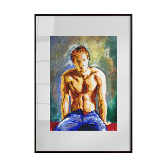 An original painting depicting a male figure rendered in vibrant, expressive colors. The artwork captures a serene and contemplative mood, celebrating the male form through bold color, balance, and quiet emotional depth.”